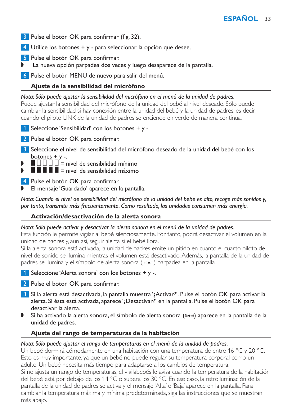 Activación/desactivación de la alerta sonora, Ajuste del rango de temperaturas de la habitación | Philips SCD530-00 User Manual | Page 33 / 64