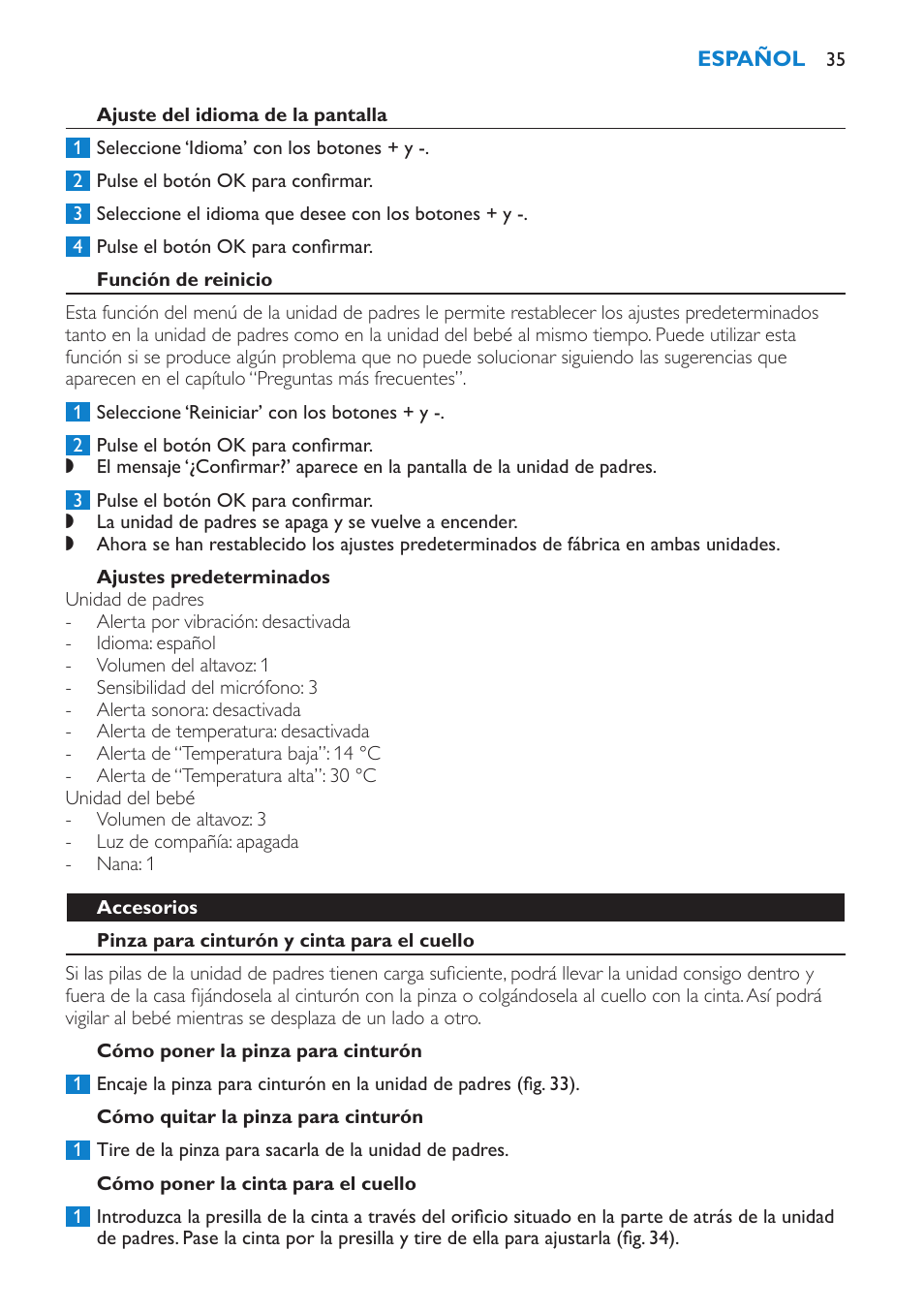Ajustes predeterminados, Accesorios, Pinza para cinturón y cinta para el cuello | Cómo poner la pinza para cinturón, Cómo quitar la pinza para cinturón, Cómo poner la cinta para el cuello, Cómo quitar la cinta para el cuello, Limpieza y mantenimiento | Philips SCD530-00 User Manual | Page 35 / 64