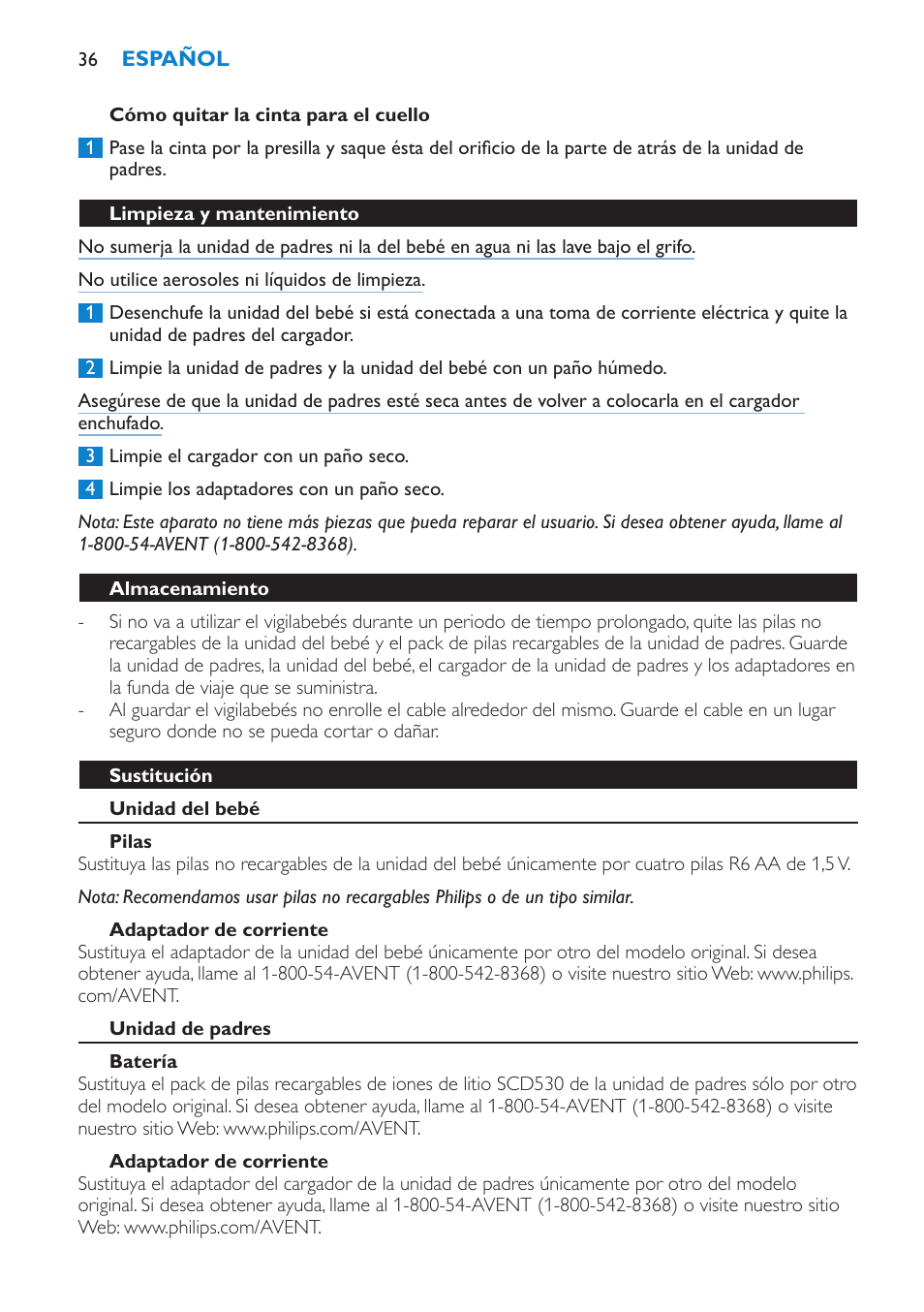 Almacenamiento, Sustitución, Unidad del bebé | Pilas, Adaptador de corriente, Unidad de padres, Batería, Ayuda, Medio ambiente, Garantía | Philips SCD530-00 User Manual | Page 36 / 64