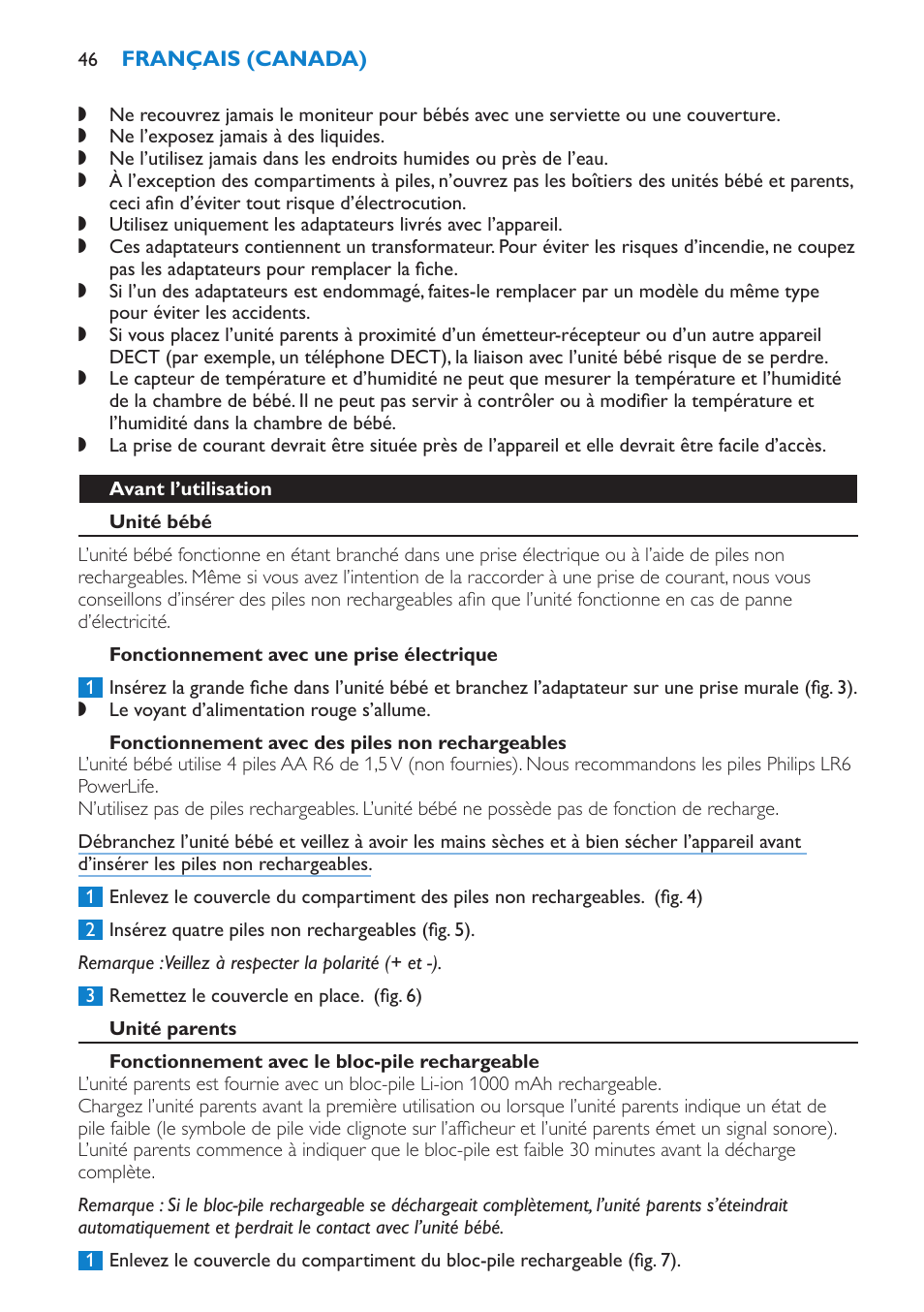 Avant l’utilisation, Unité bébé, Fonctionnement avec une prise électrique | Fonctionnement avec des piles non rechargeables, Unité parents, Fonctionnement avec le bloc-pile rechargeable | Philips SCD530-00 User Manual | Page 46 / 64