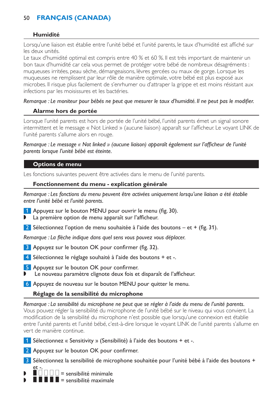 Alarme hors de portée, Options de menu, Fonctionnement du menu - explication générale | Réglage de la sensibilité du microphone | Philips SCD530-00 User Manual | Page 50 / 64