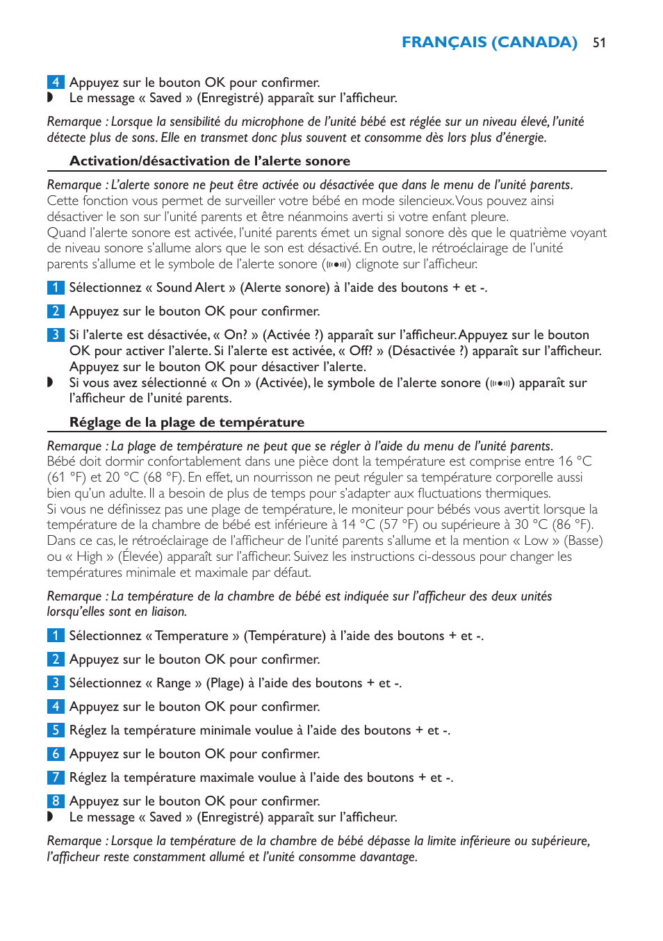 Activation/désactivation de l’alerte sonore, Réglage de la plage de température | Philips SCD530-00 User Manual | Page 51 / 64