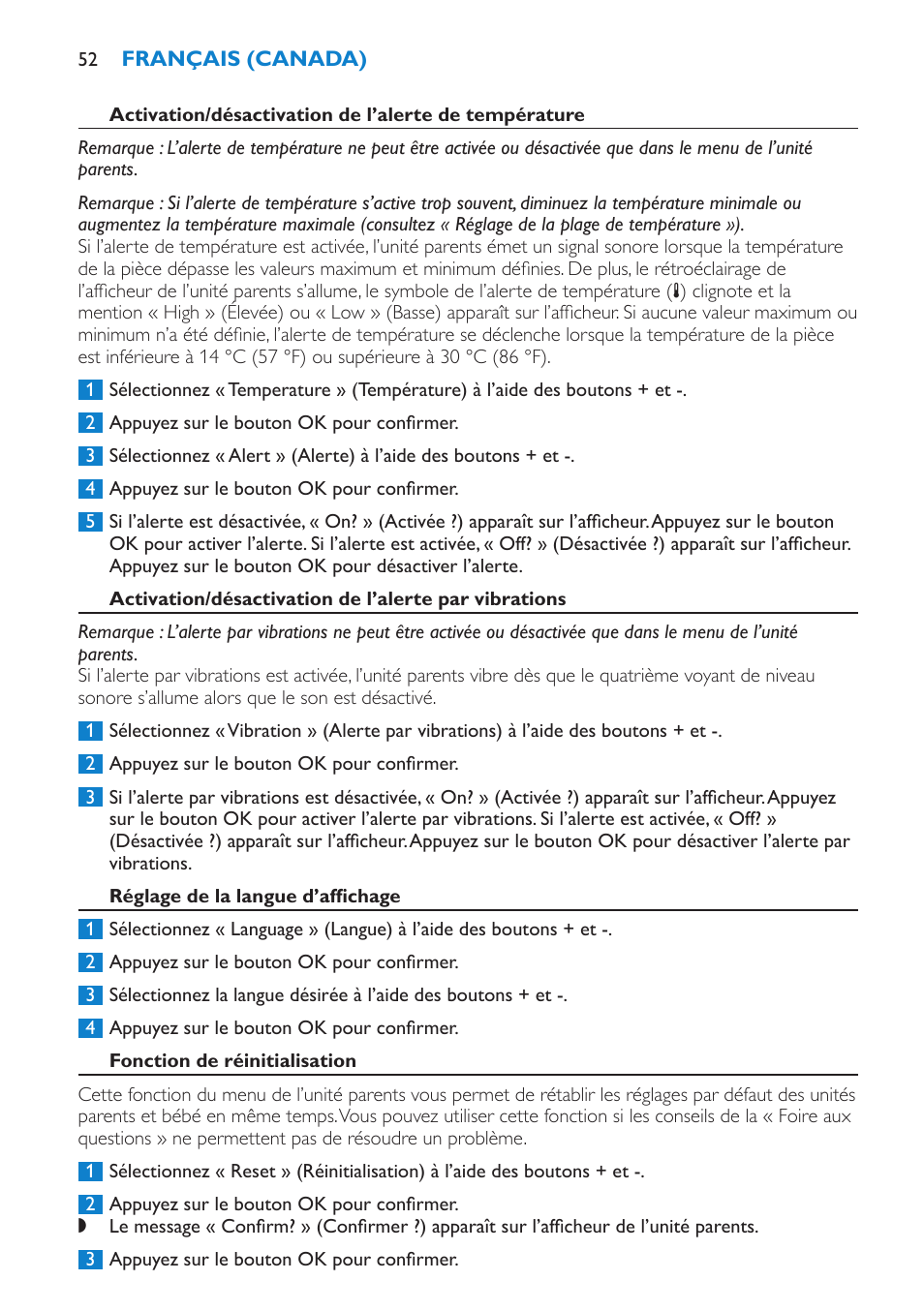 Réglage de la langue d’affichage, Fonction de réinitialisation, Réglages par défaut | Philips SCD530-00 User Manual | Page 52 / 64