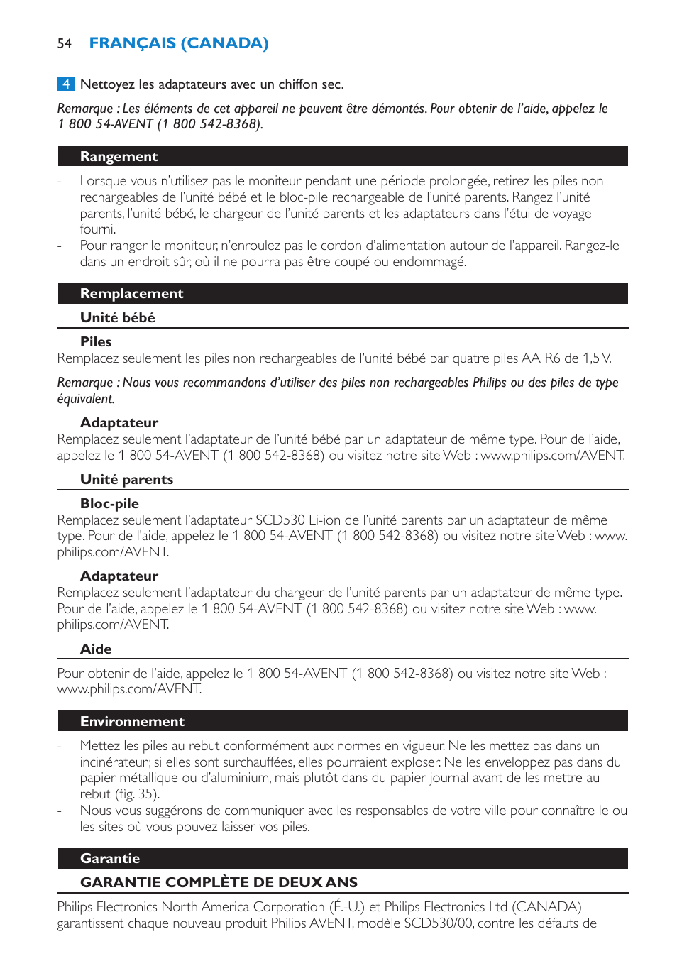 Rangement, Remplacement, Unité bébé | Piles, Adaptateur, Unité parents, Bloc-pile, Aide, Environnement, Garantie | Philips SCD530-00 User Manual | Page 54 / 64