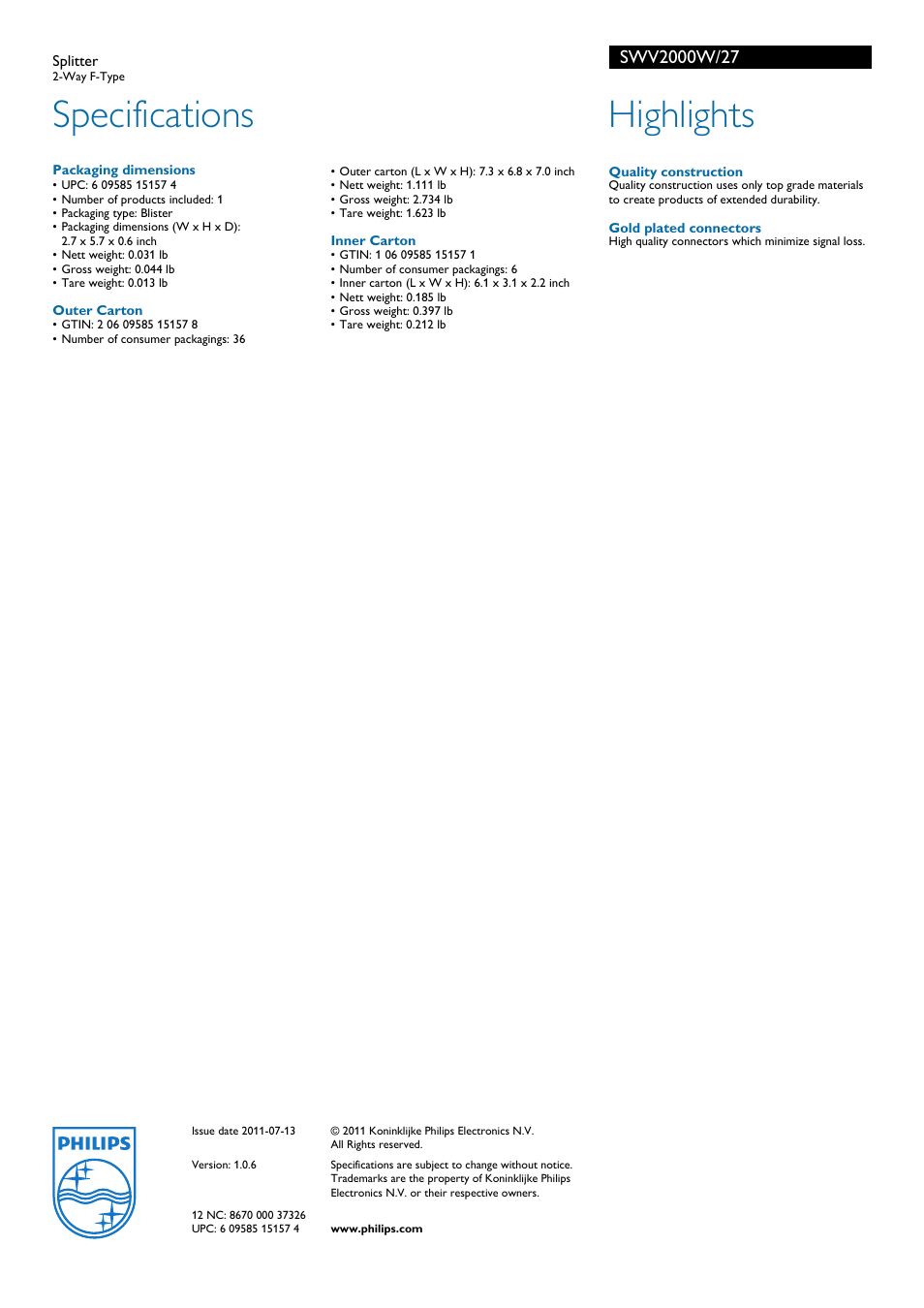 Highlights, Packaging dimensions, Outer carton | Inner carton, Specifications, Philips | Philips SWV2000W-27 User Manual | Page 2 / 2