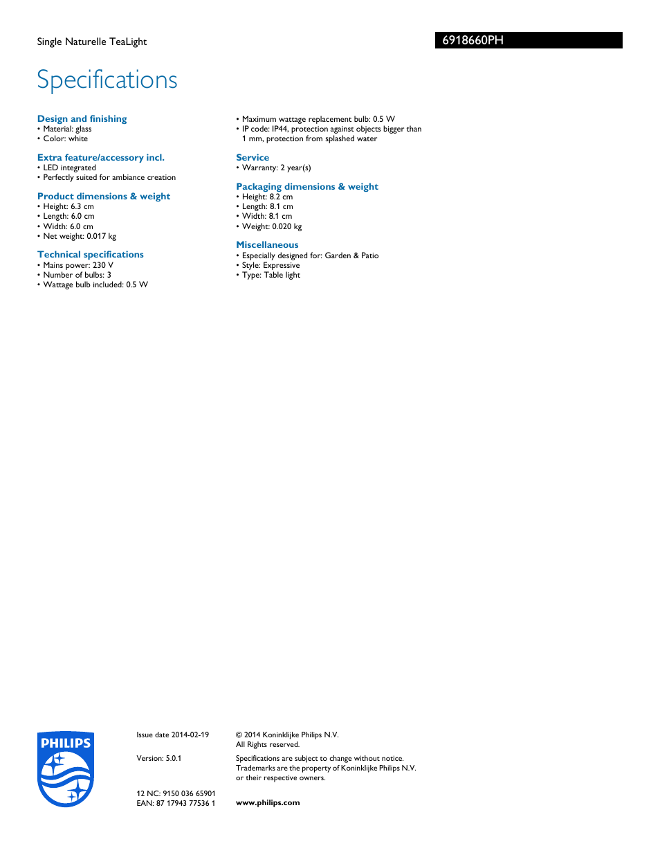 Specifications | Philips 6918660PH User Manual | Page 3 / 3