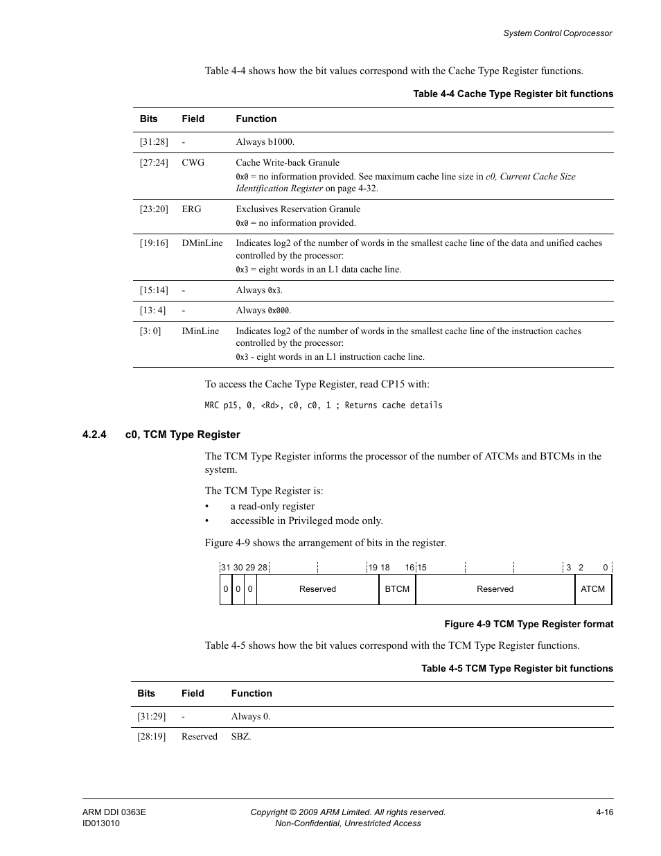 4 c0, tcm type register, Table 4-4, Cache type register bit functions -16 | Table 4-5, Tcm type register bit functions -16, Figure 4-9, Tcm type register format -16 | ARM Cortex R4F User Manual | Page 100 / 456