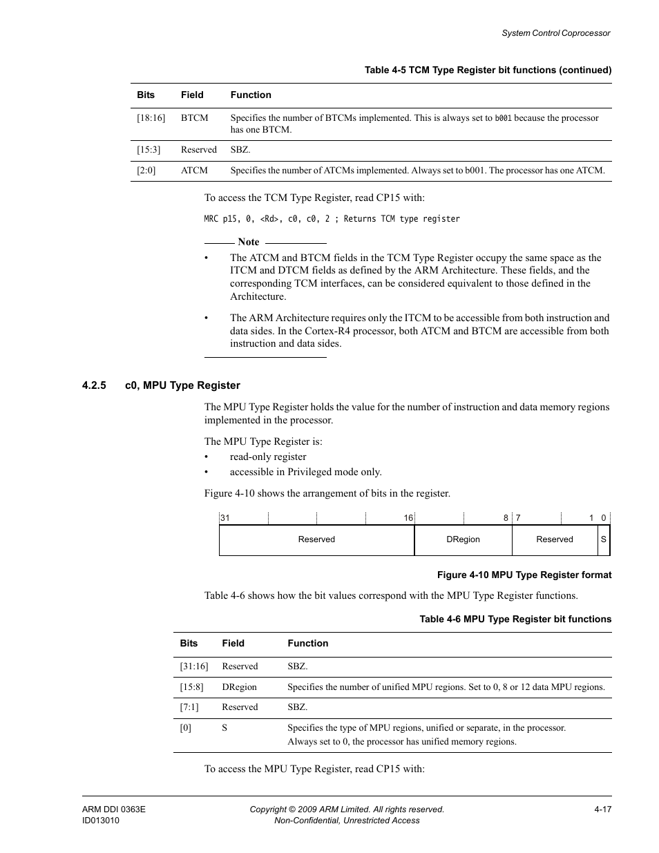 5 c0, mpu type register, Table 4-6, Mpu type register bit functions -17 | Figure 4-10, Mpu type register format -17 | ARM Cortex R4F User Manual | Page 101 / 456