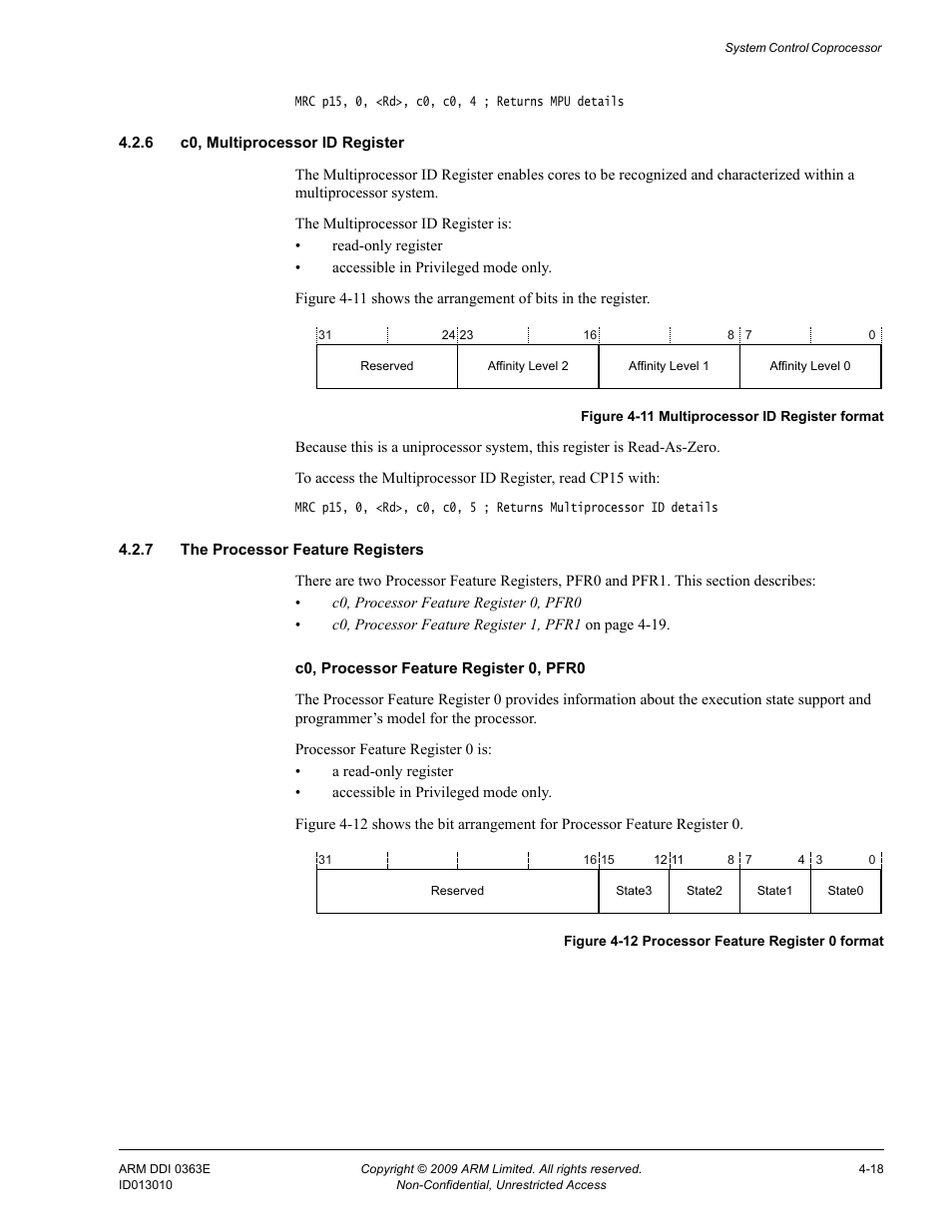 6 c0, multiprocessor id register, 7 the processor feature registers, Figure 4-11 | Multiprocessor id register format -18, Figure 4-12, Processor feature register 0 format -18 | ARM Cortex R4F User Manual | Page 102 / 456