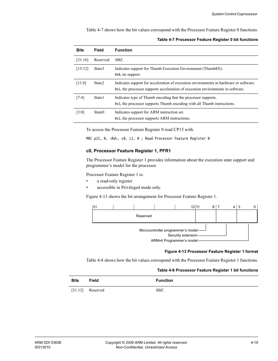 Table 4-7, Processor feature register 0 bit functions -19, Table 4-8 | Processor feature register 1 bit functions -19, Figure 4-13, Processor feature register 1 format -19 | ARM Cortex R4F User Manual | Page 103 / 456