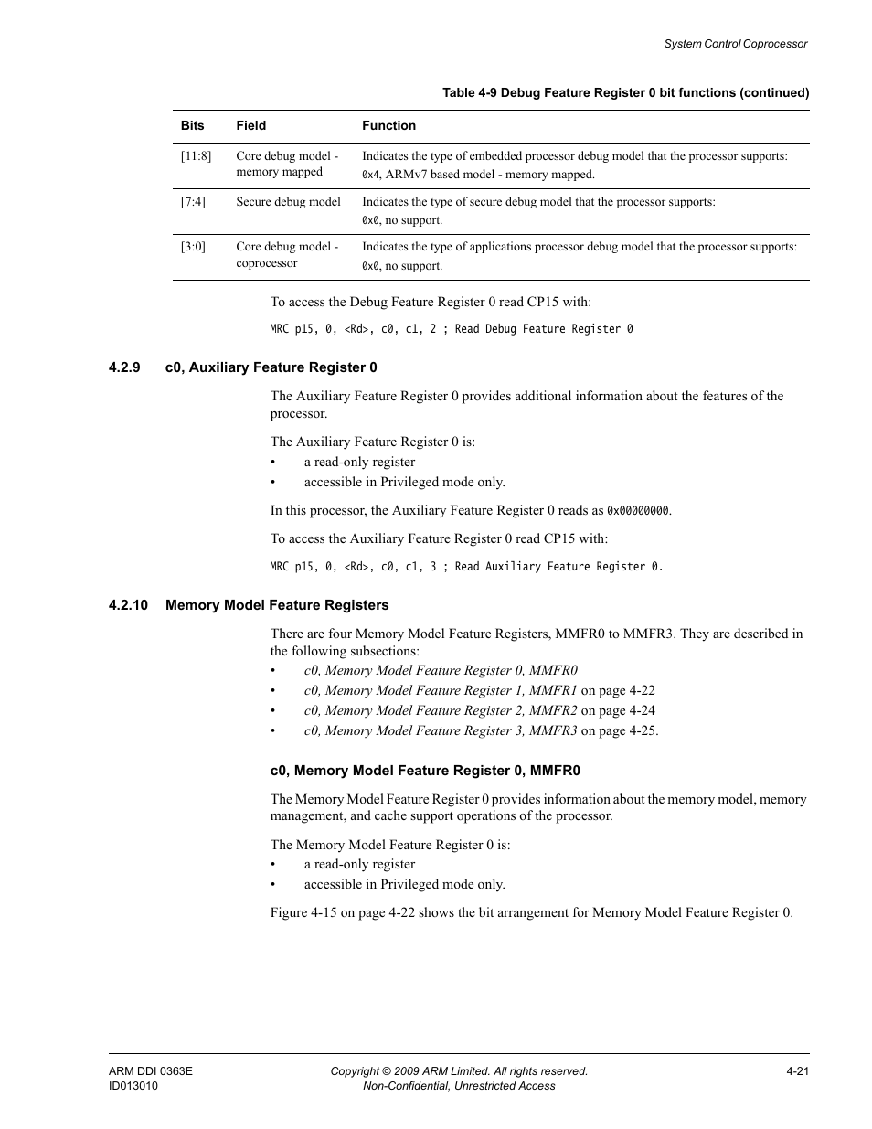 9 c0, auxiliary feature register 0, 10 memory model feature registers | ARM Cortex R4F User Manual | Page 105 / 456