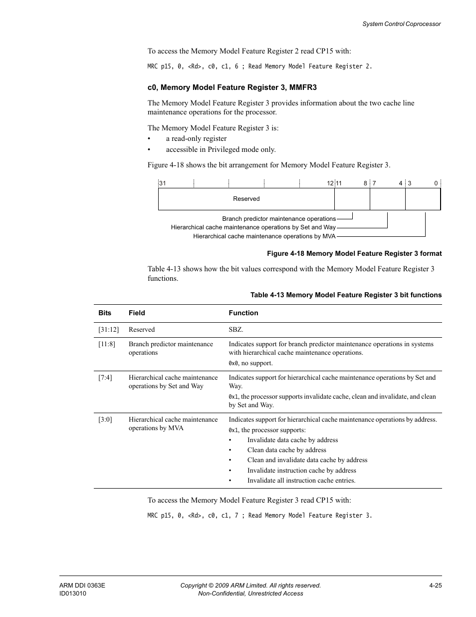 Table 4-13, Memory model feature register 3 bit functions -25, Figure 4-18 | Memory model feature register 3 format -25 | ARM Cortex R4F User Manual | Page 109 / 456