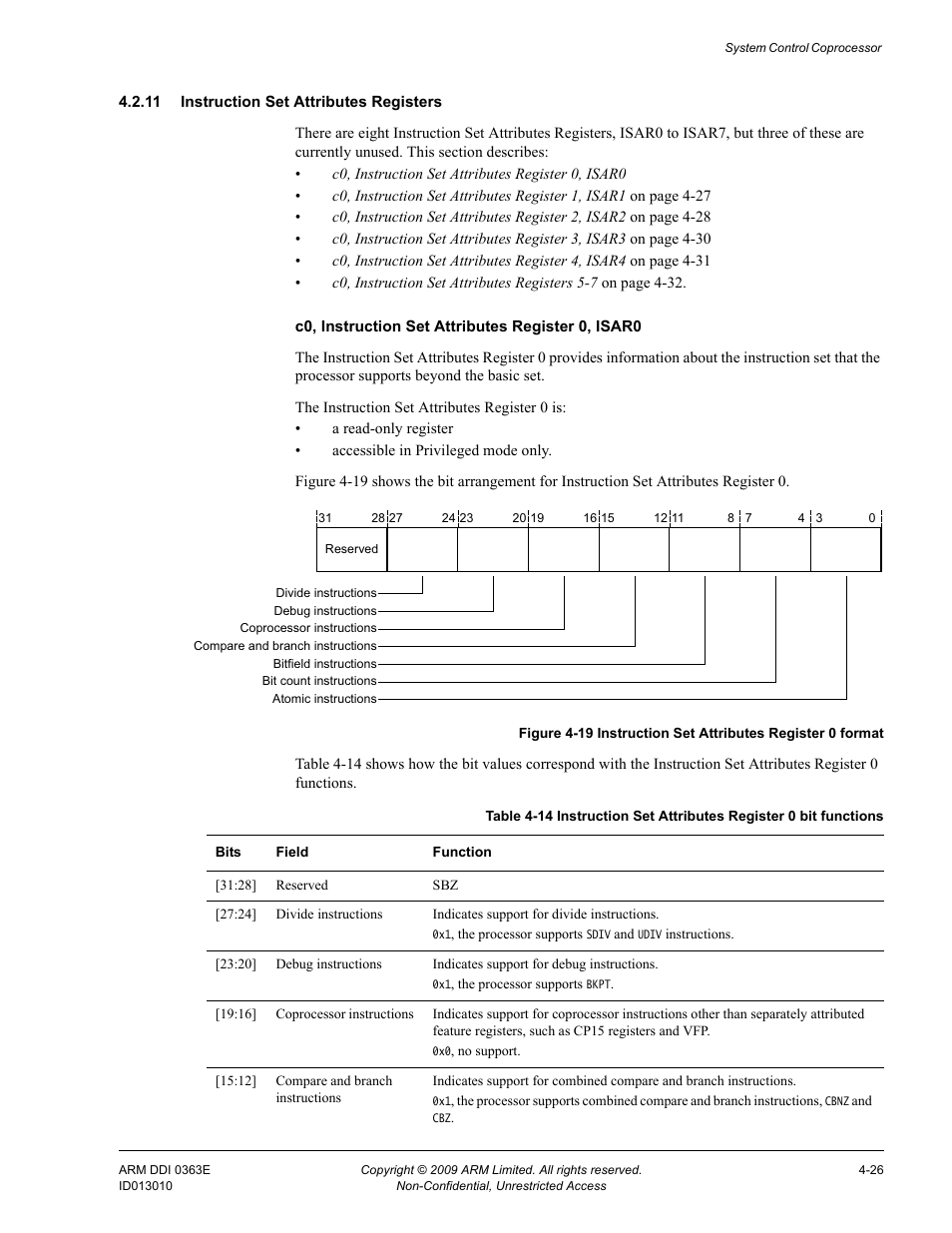 11 instruction set attributes registers, Table 4-14, Figure 4-19 | Instruction set attributes register 0 format -26 | ARM Cortex R4F User Manual | Page 110 / 456