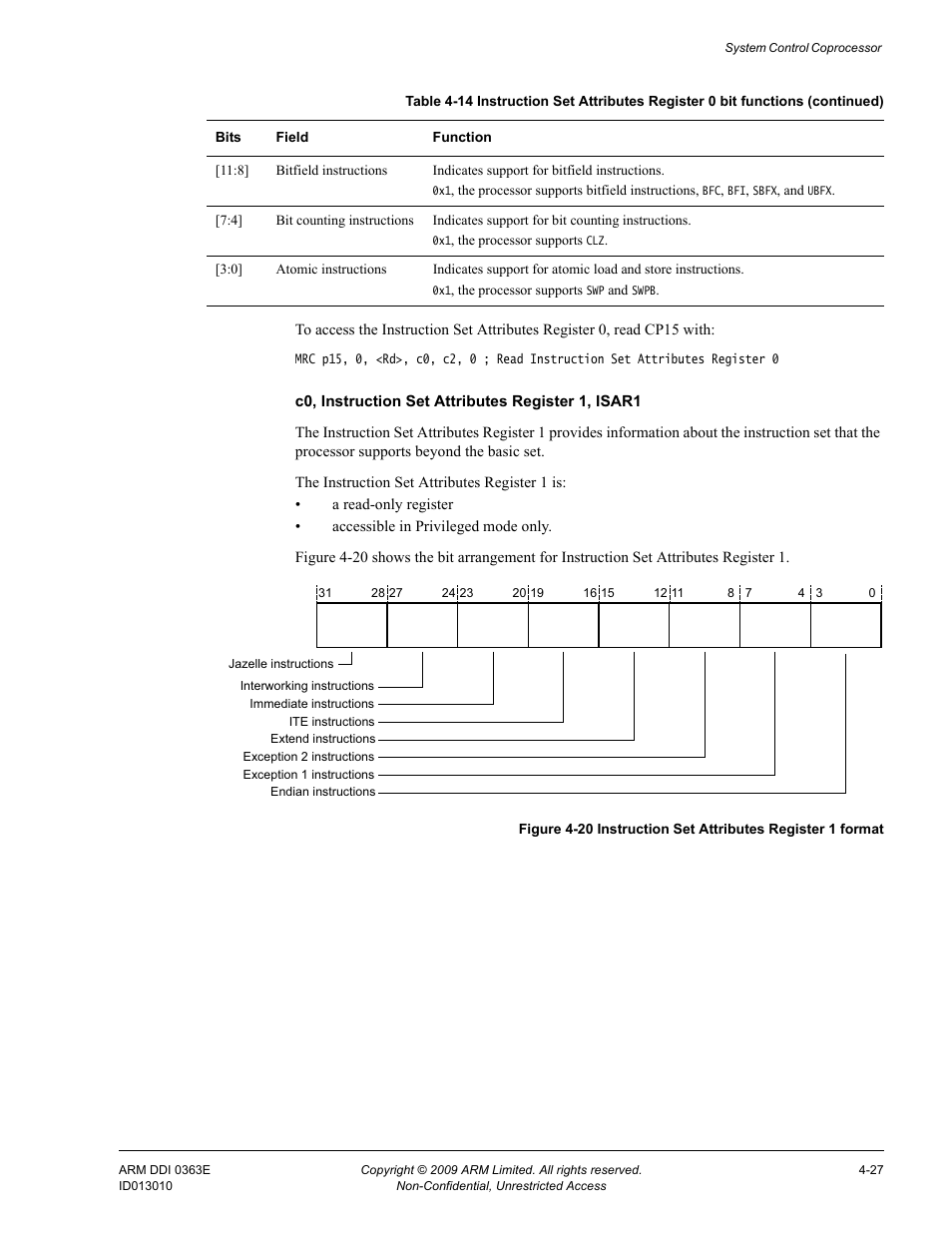 Figure 4-20, Instruction set attributes register 1 format -27 | ARM Cortex R4F User Manual | Page 111 / 456