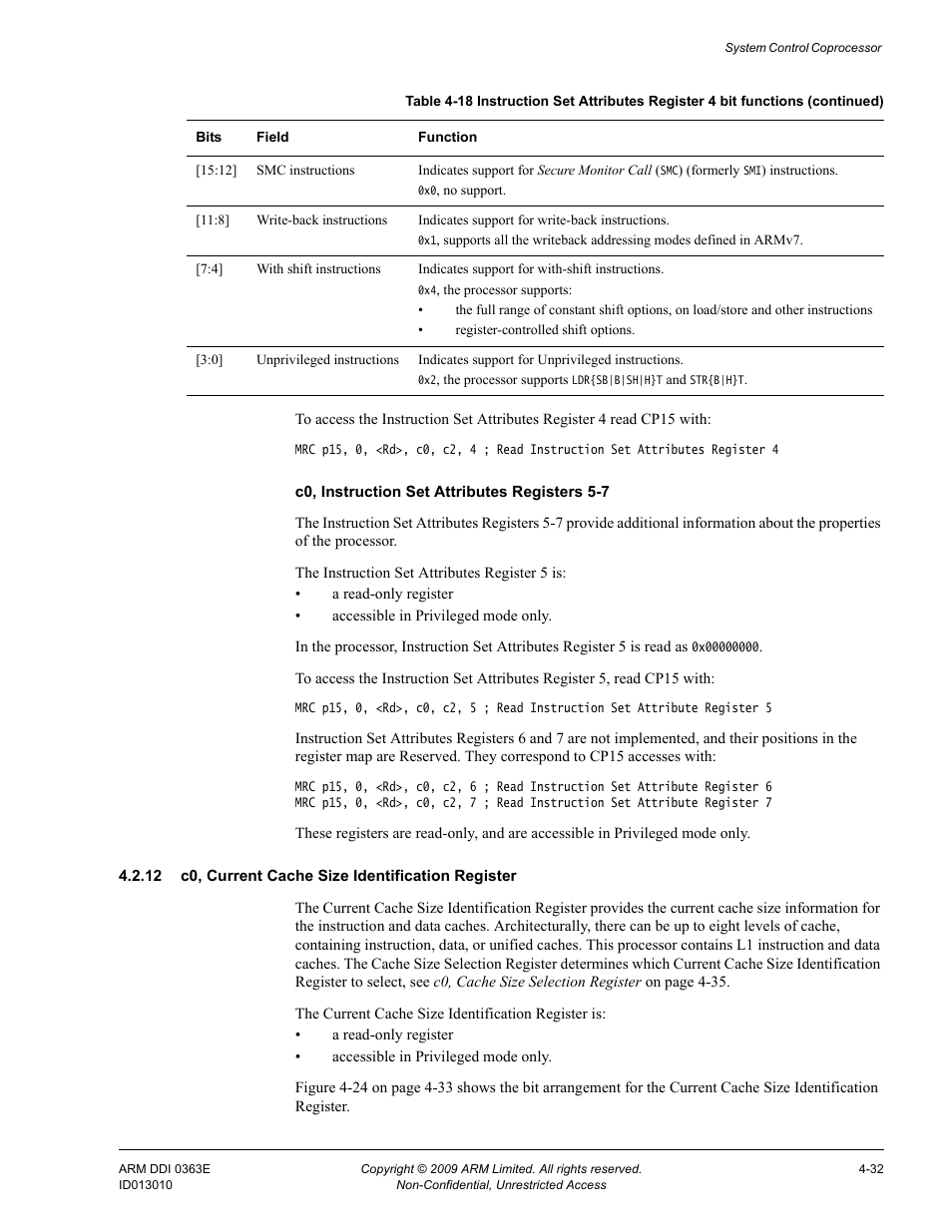 12 c0, current cache size identification register, In c0, current cache size | ARM Cortex R4F User Manual | Page 116 / 456