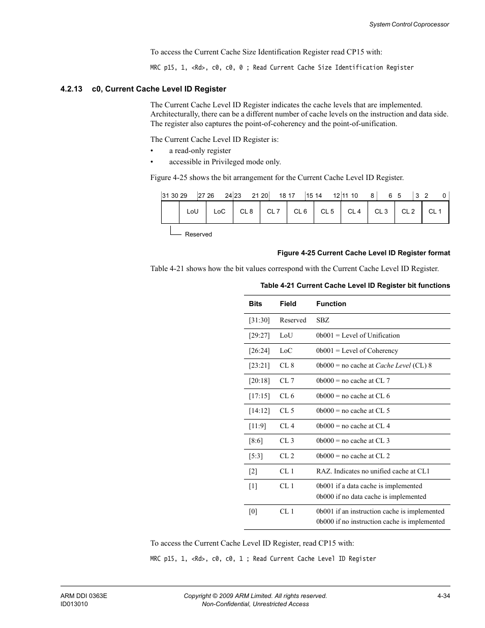 13 c0, current cache level id register, Table 4-21, Current cache level id register bit functions -34 | Figure 4-25, Current cache level id register format -34 | ARM Cortex R4F User Manual | Page 118 / 456