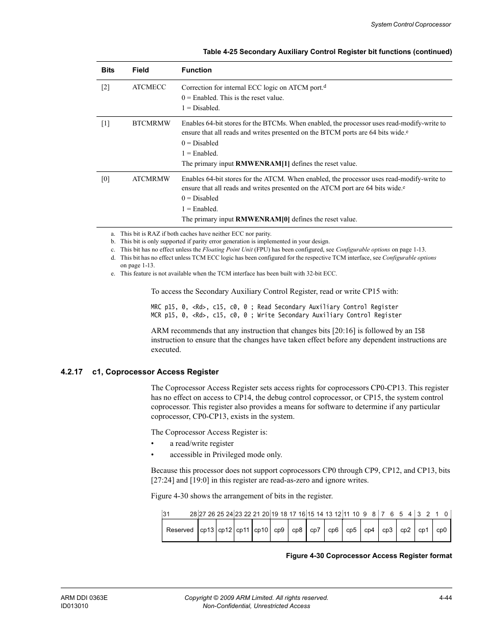 17 c1, coprocessor access register, Figure 4-30, Coprocessor access register format -44 | ARM Cortex R4F User Manual | Page 128 / 456