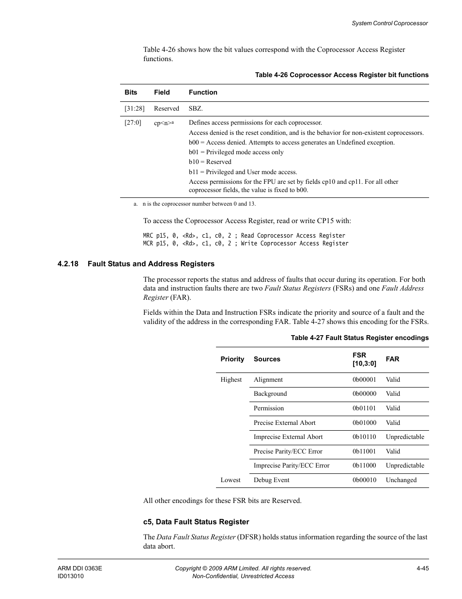 18 fault status and address registers, Table 4-26, Coprocessor access register bit functions -45 | Table 4-27, Fault status register encodings -45 | ARM Cortex R4F User Manual | Page 129 / 456