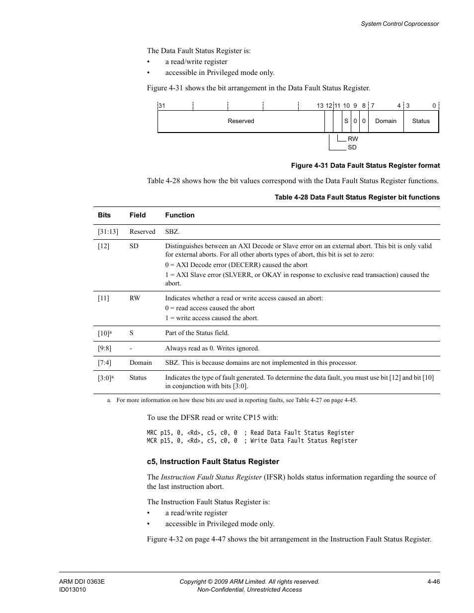 Table 4-28, Data fault status register bit functions -46, Figure 4-31 | Data fault status register format -46 | ARM Cortex R4F User Manual | Page 130 / 456