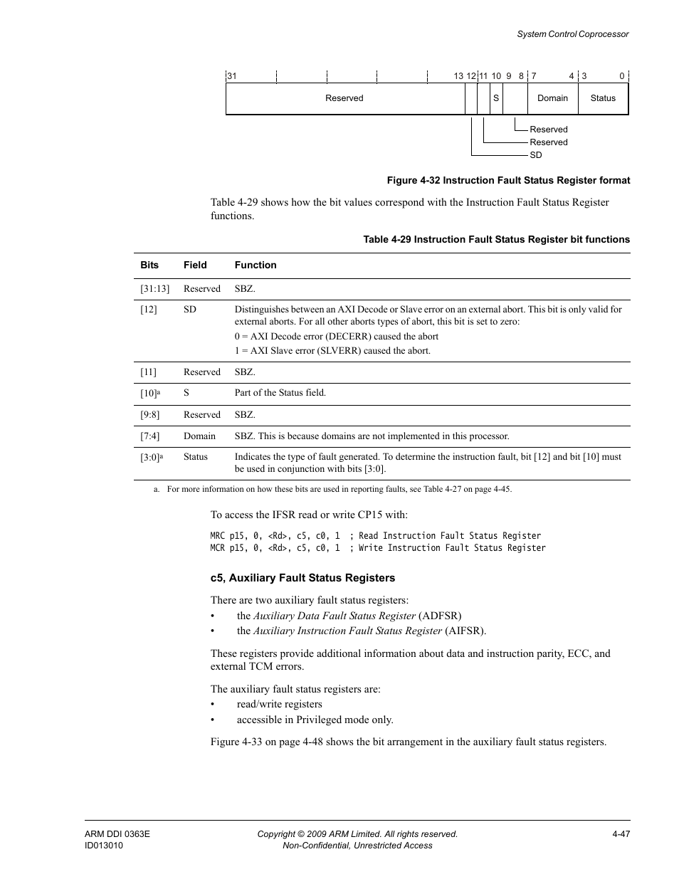 Table 4-29, Figure 4-32, Instruction fault status register format -47 | ARM Cortex R4F User Manual | Page 131 / 456
