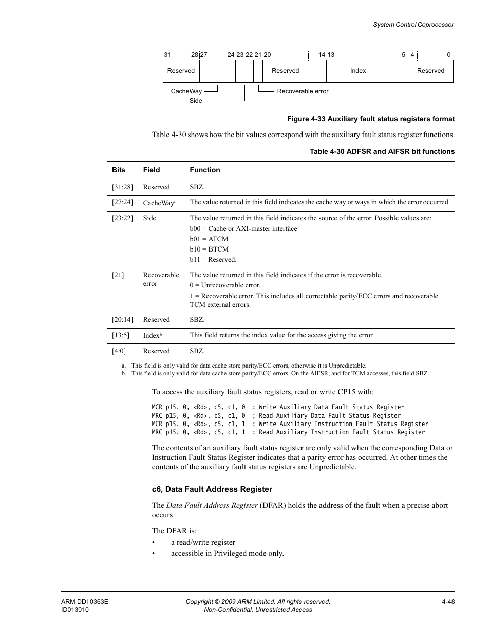 Table 4-30, Adfsr and aifsr bit functions -48, Figure 4-33 | Auxiliary fault status registers format -48 | ARM Cortex R4F User Manual | Page 132 / 456