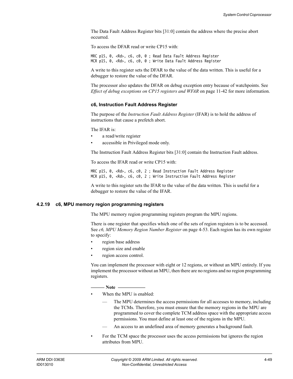 19 c6, mpu memory region programming registers | ARM Cortex R4F User Manual | Page 133 / 456