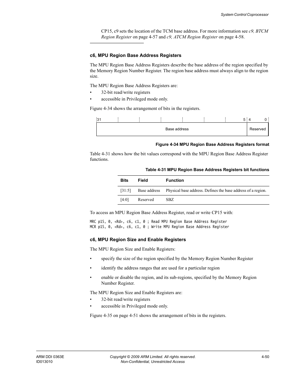 Table 4-31, Figure 4-34, Mpu region base address registers format -50 | ARM Cortex R4F User Manual | Page 134 / 456