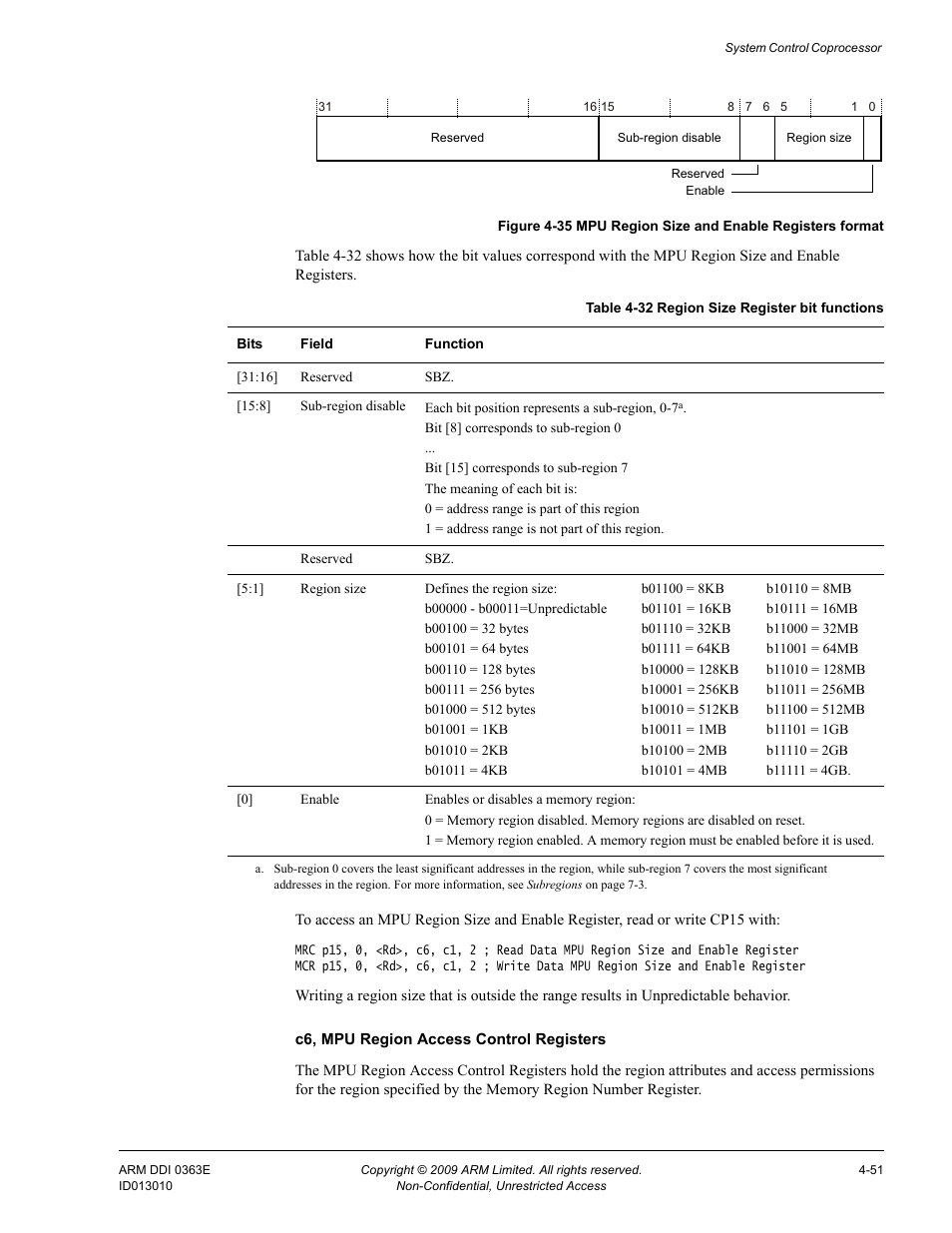 Table 4-32, Region size register bit functions -51, Figure 4-35 | Mpu region size and enable registers format -51 | ARM Cortex R4F User Manual | Page 135 / 456