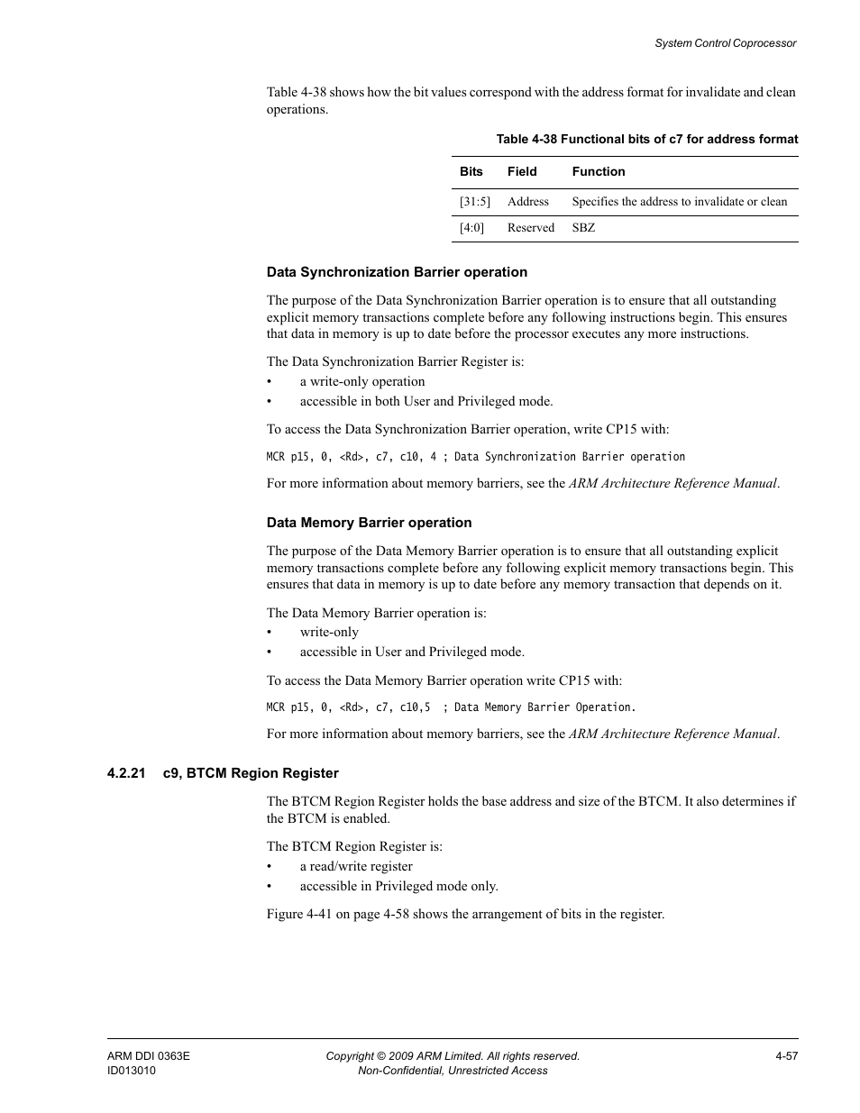 21 c9, btcm region register, Table 4-38, Functional bits of c7 for address format -57 | ARM Cortex R4F User Manual | Page 141 / 456