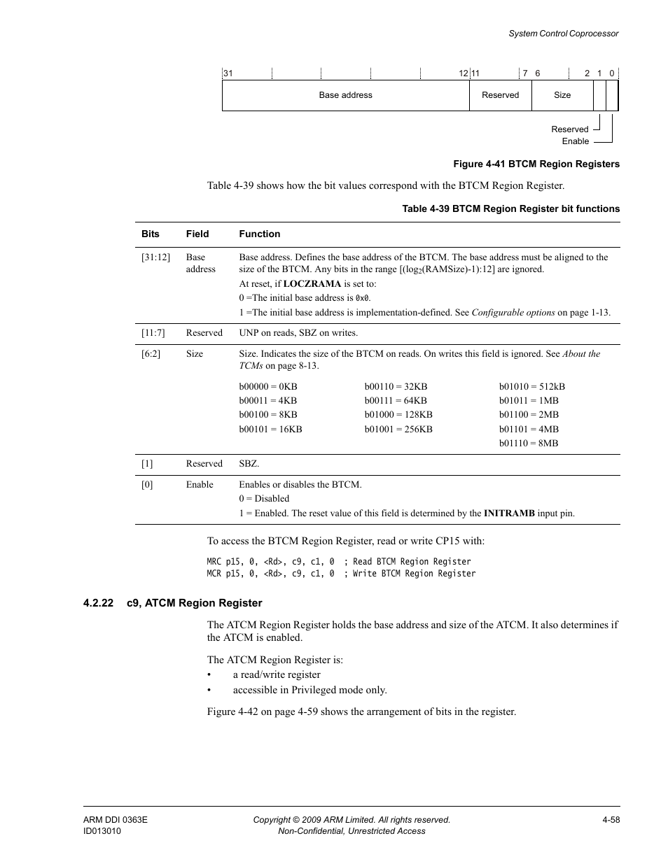 22 c9, atcm region register, Table 4-39, Btcm region register bit functions -58 | Figure 4-41, Btcm region registers -58 | ARM Cortex R4F User Manual | Page 142 / 456