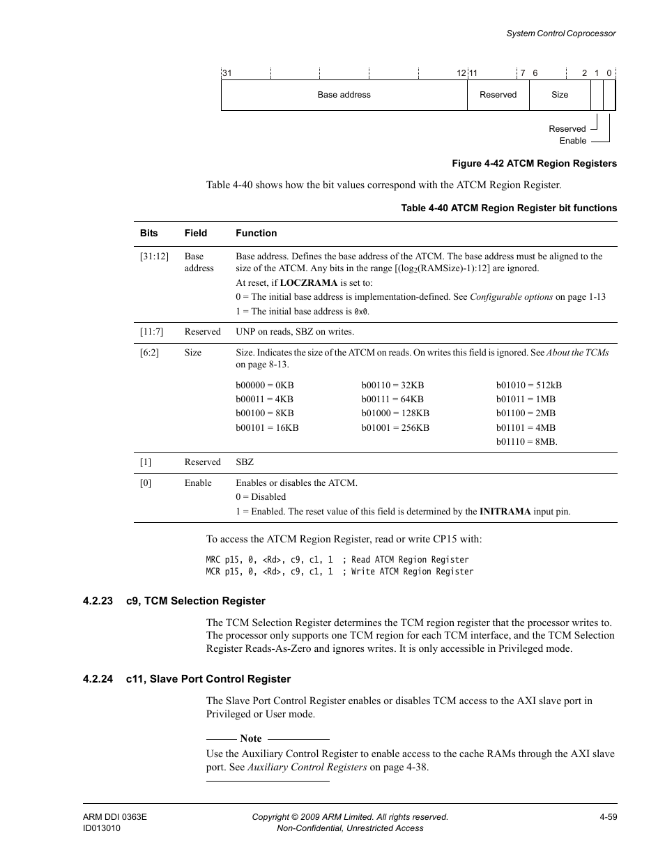 23 c9, tcm selection register, 24 c11, slave port control register, Table 4-40 | Atcm region register bit functions -59, Figure 4-42, Atcm region registers -59 | ARM Cortex R4F User Manual | Page 143 / 456