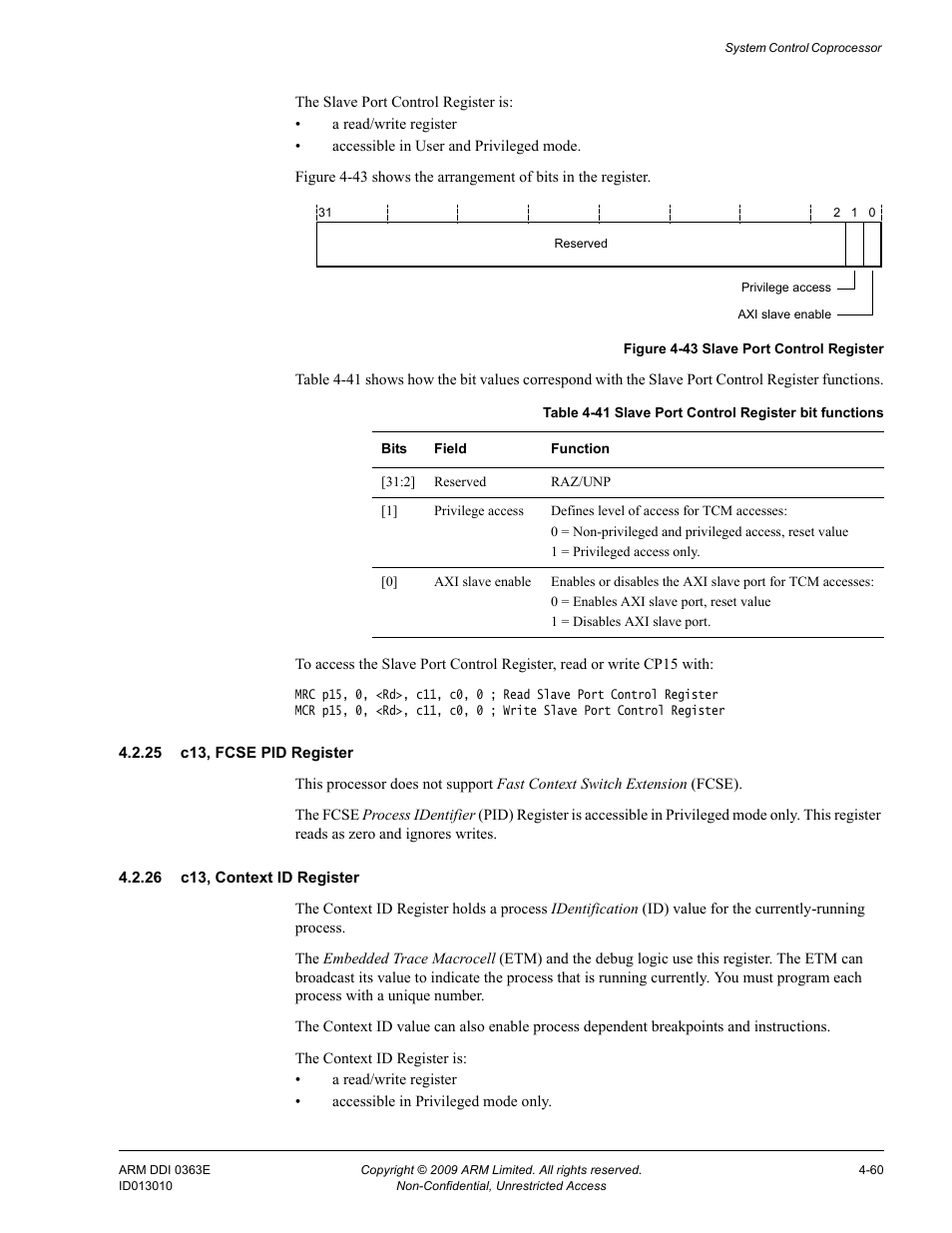 25 c13, fcse pid register, 26 c13, context id register, Table 4-41 | Slave port control register bit functions -60, Figure 4-43, Slave port control register -60 | ARM Cortex R4F User Manual | Page 144 / 456