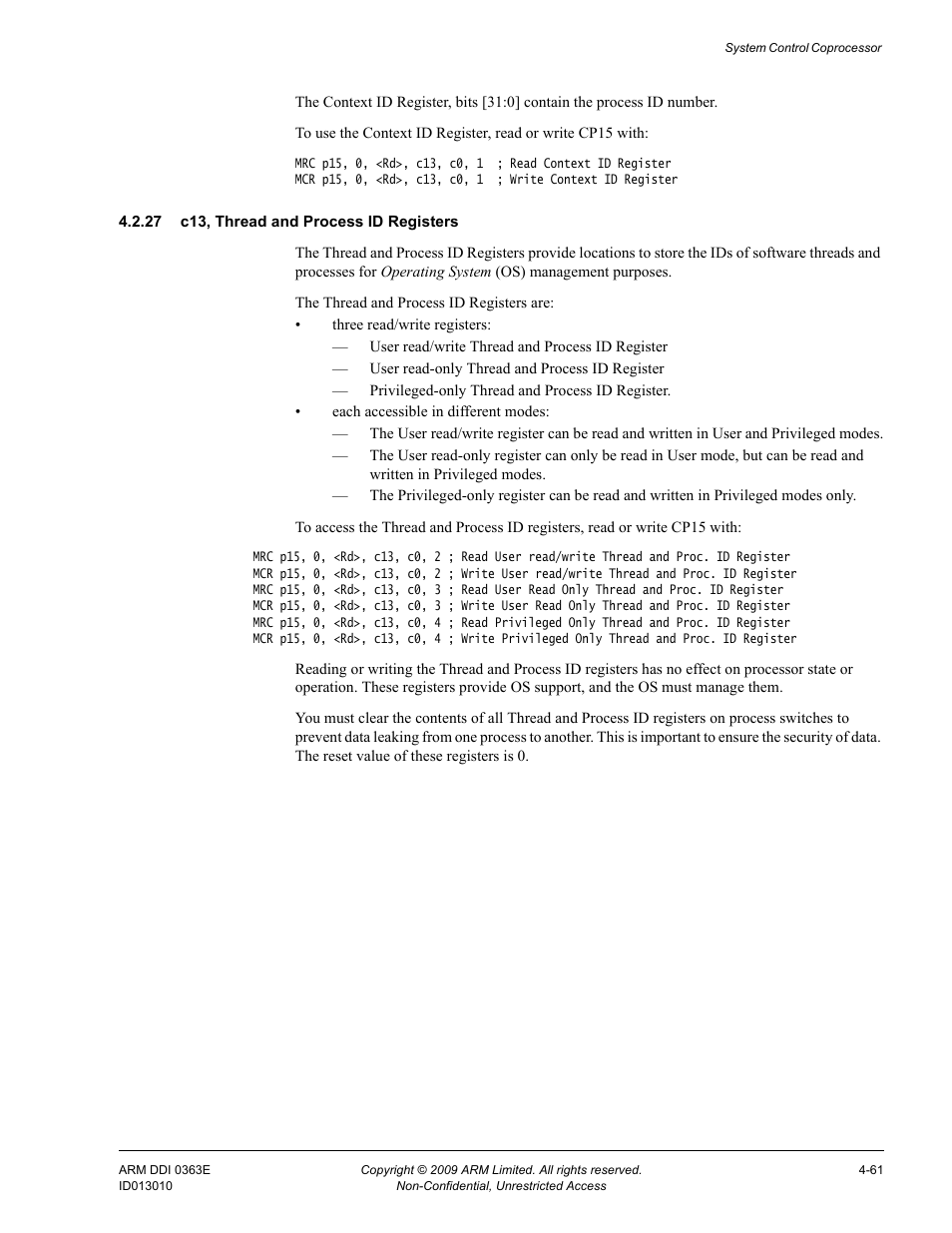 27 c13, thread and process id registers | ARM Cortex R4F User Manual | Page 145 / 456