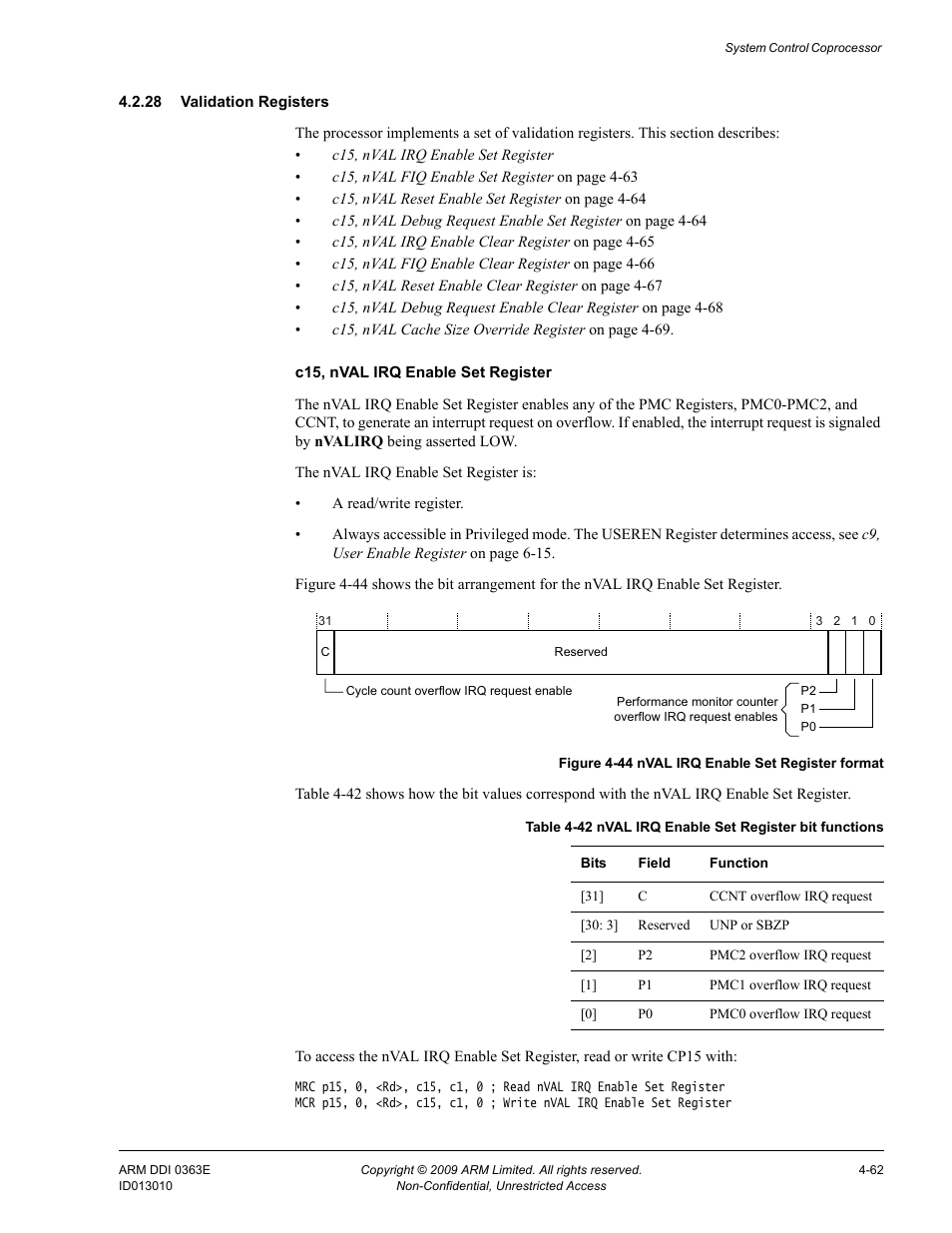 28 validation registers, Table 4-42, Nval irq enable set register bit functions -62 | Figure 4-44, Nval irq enable set register format -62 | ARM Cortex R4F User Manual | Page 146 / 456