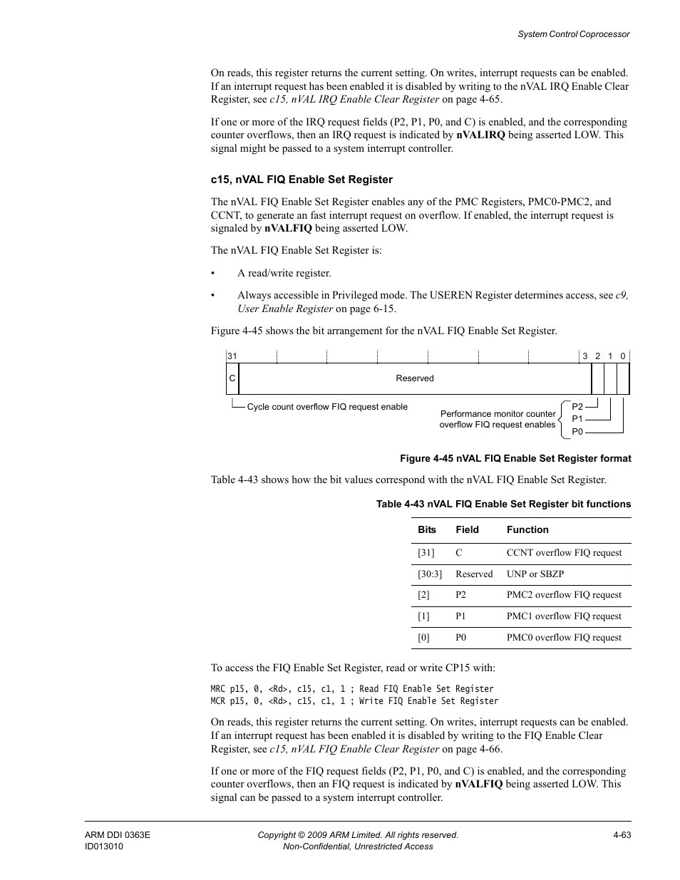 Table 4-43, Nval fiq enable set register bit functions -63, Figure 4-45 | Nval fiq enable set register format -63 | ARM Cortex R4F User Manual | Page 147 / 456