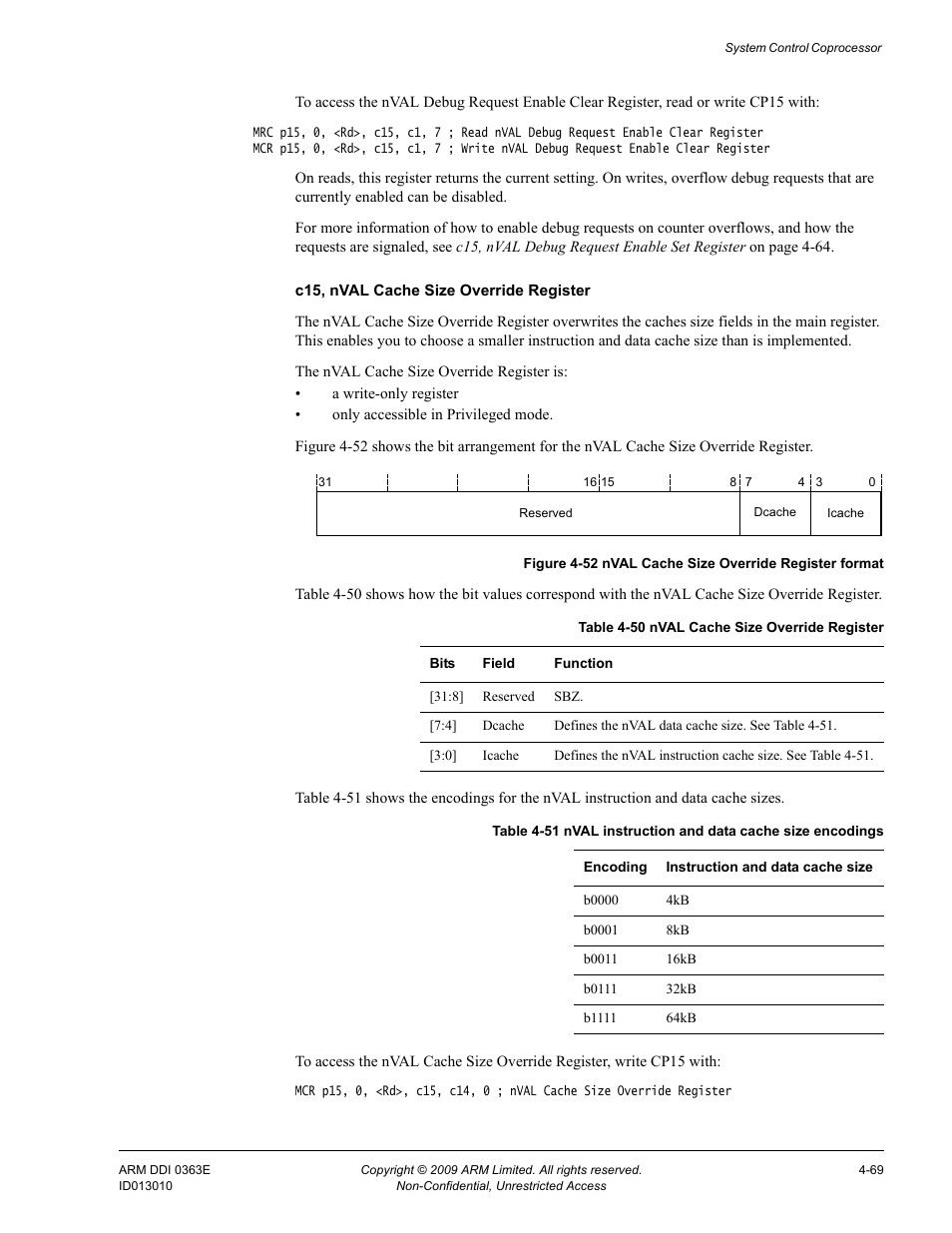 Table 4-50, Nval cache size override register -69, Table 4-51 | Nval instruction and data cache size encodings -69, Figure 4-52, Nval cache size override register format -69 | ARM Cortex R4F User Manual | Page 153 / 456