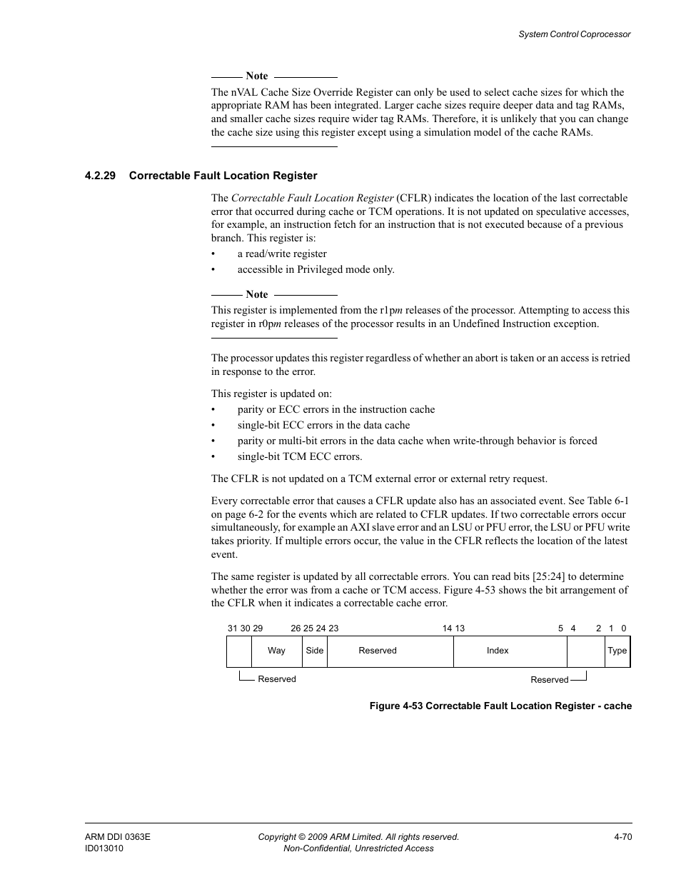 29 correctable fault location register, Figure 4-53, Correctable fault location register - cache -70 | ARM Cortex R4F User Manual | Page 154 / 456