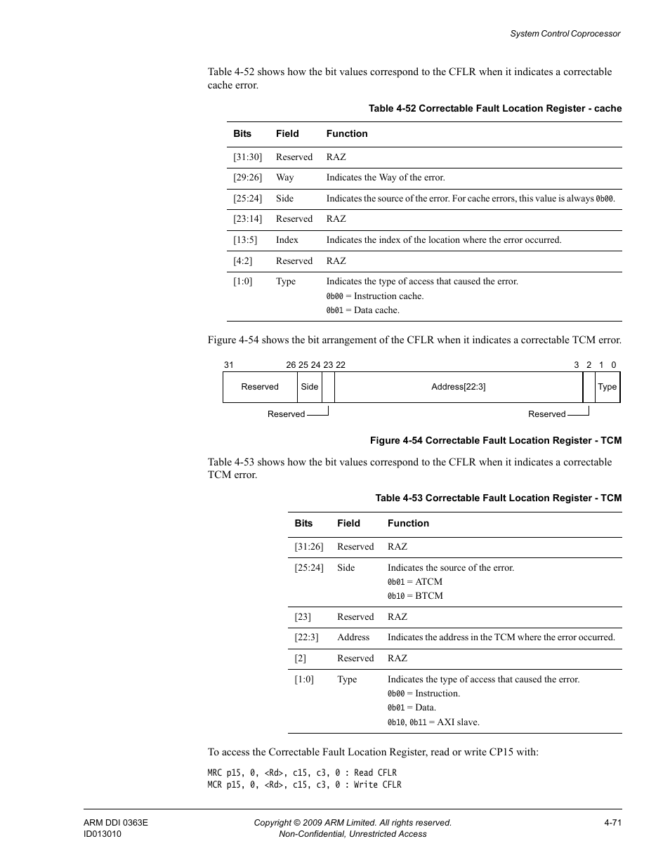 Table 4-52, Correctable fault location register - cache -71, Table 4-53 | Correctable fault location register - tcm -71, Figure 4-54 | ARM Cortex R4F User Manual | Page 155 / 456