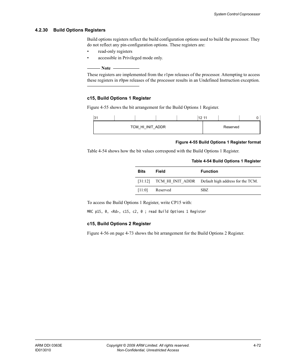 30 build options registers, Table 4-54, Build options 1 register -72 | Figure 4-55, Build options 1 register format -72 | ARM Cortex R4F User Manual | Page 156 / 456