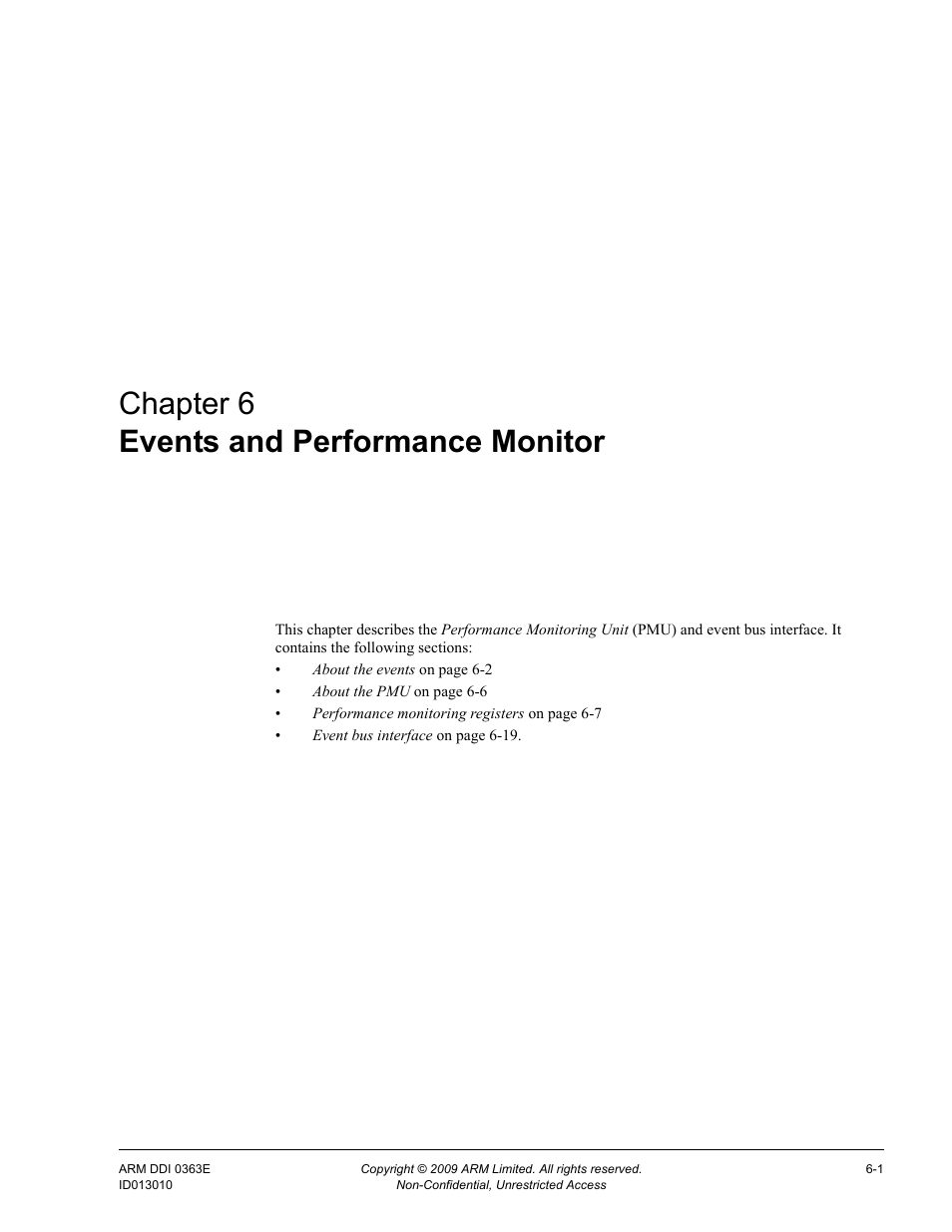 Events and performance monitor, Chapter 6, Chapter 6 events and performance monitor | ARM Cortex R4F User Manual | Page 165 / 456