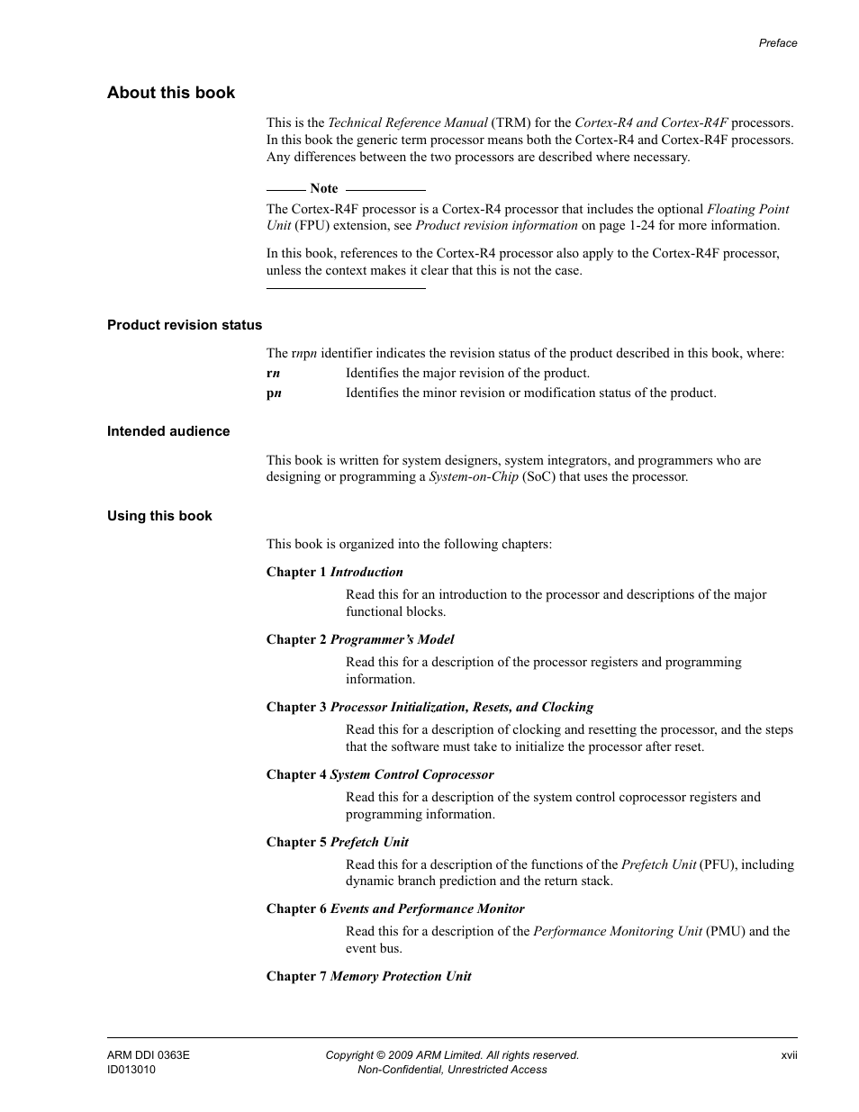 About this book, Product revision status, Intended audience | Using this book | ARM Cortex R4F User Manual | Page 17 / 456