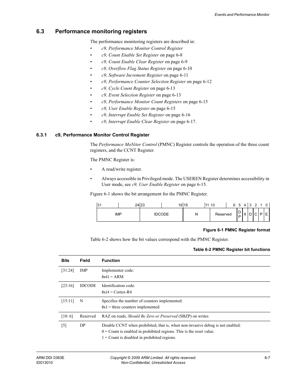 3 performance monitoring registers, 1 c9, performance monitor control register, Performance monitoring registers -7 | Table 6-2, Pmnc register bit functions -7, Figure 6-1, Pmnc register format -7 | ARM Cortex R4F User Manual | Page 171 / 456