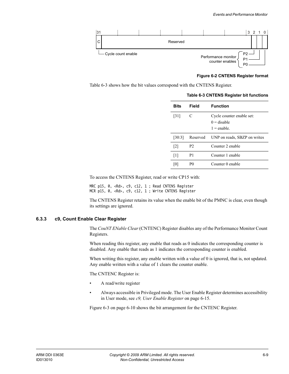 3 c9, count enable clear register, Table 6-3, Cntens register bit functions -9 | Figure 6-2, Cntens register format -9 | ARM Cortex R4F User Manual | Page 173 / 456