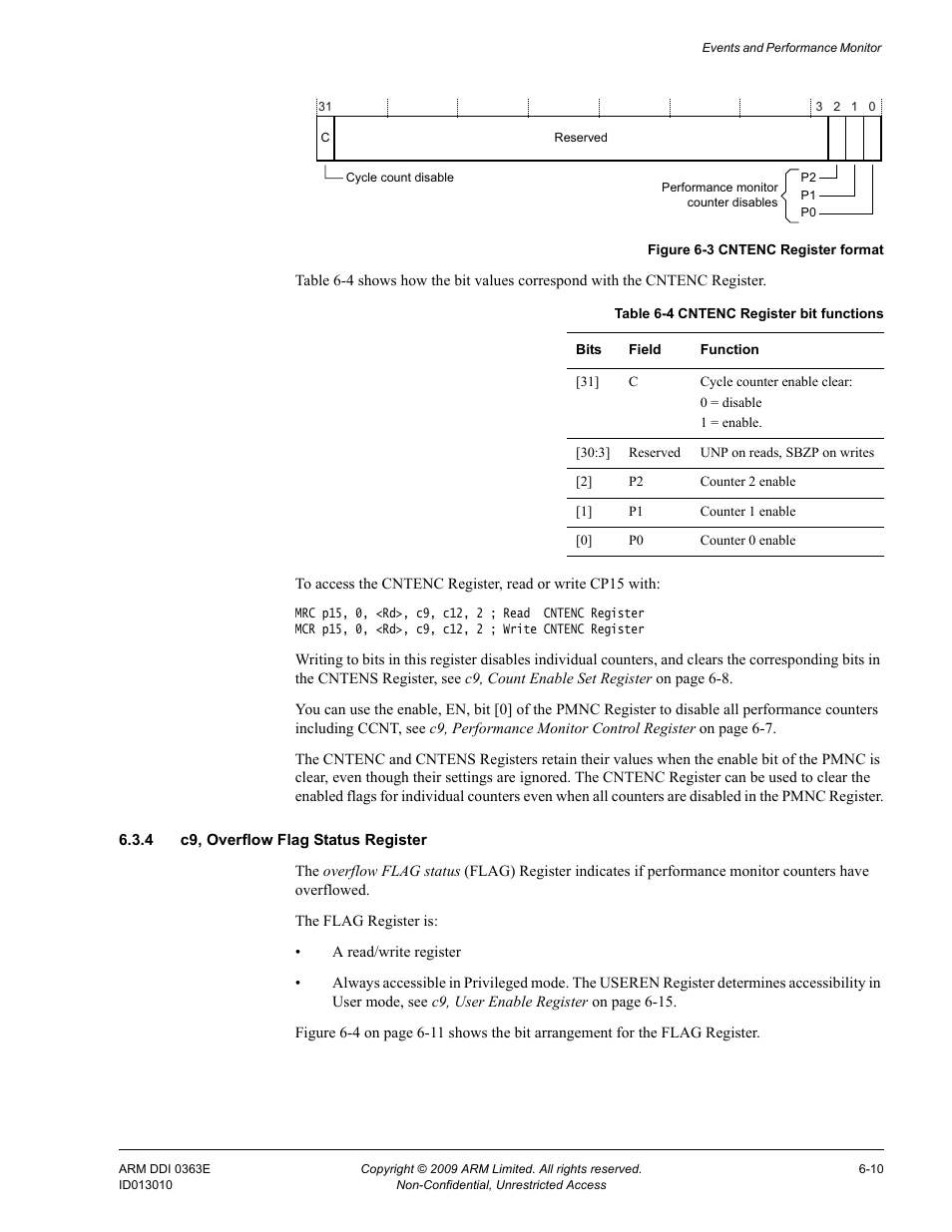 4 c9, overflow flag status register, Table 6-4, Cntenc register bit functions -10 | Figure 6-3, Cntenc register format -10 | ARM Cortex R4F User Manual | Page 174 / 456