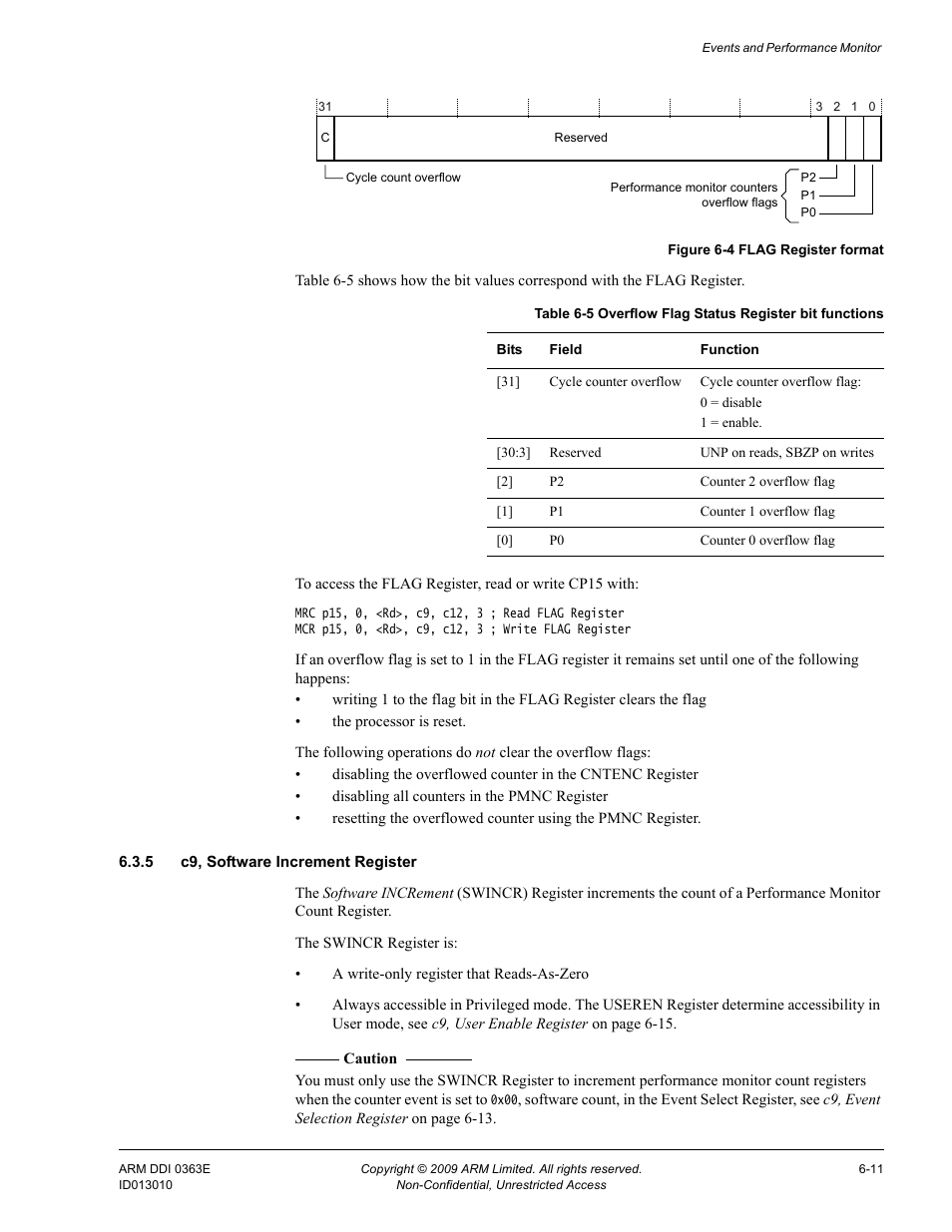5 c9, software increment register, Table 6-5, Overflow flag status register bit functions -11 | Figure 6-4, Flag register format -11 | ARM Cortex R4F User Manual | Page 175 / 456