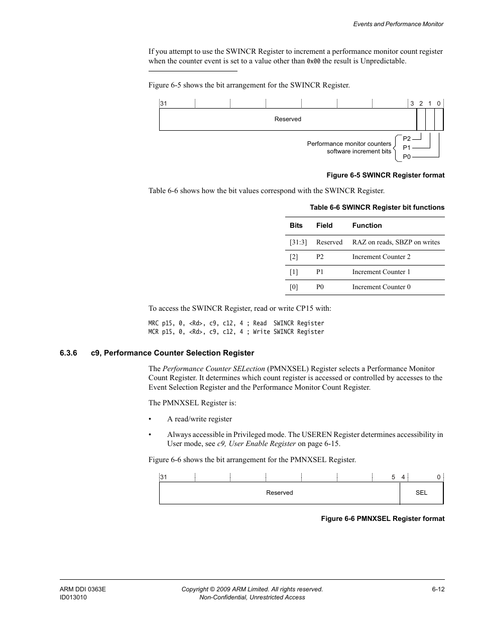 6 c9, performance counter selection register, Table 6-6, Swincr register bit functions -12 | Figure 6-5, Swincr register format -12, Figure 6-6, Pmnxsel register format -12 | ARM Cortex R4F User Manual | Page 176 / 456
