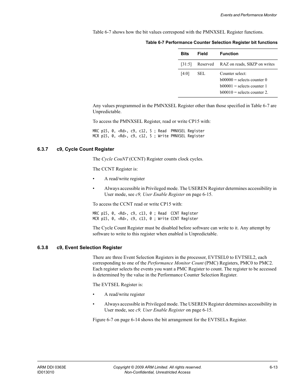 7 c9, cycle count register, 8 c9, event selection register, Table 6-7 | C9, event | ARM Cortex R4F User Manual | Page 177 / 456