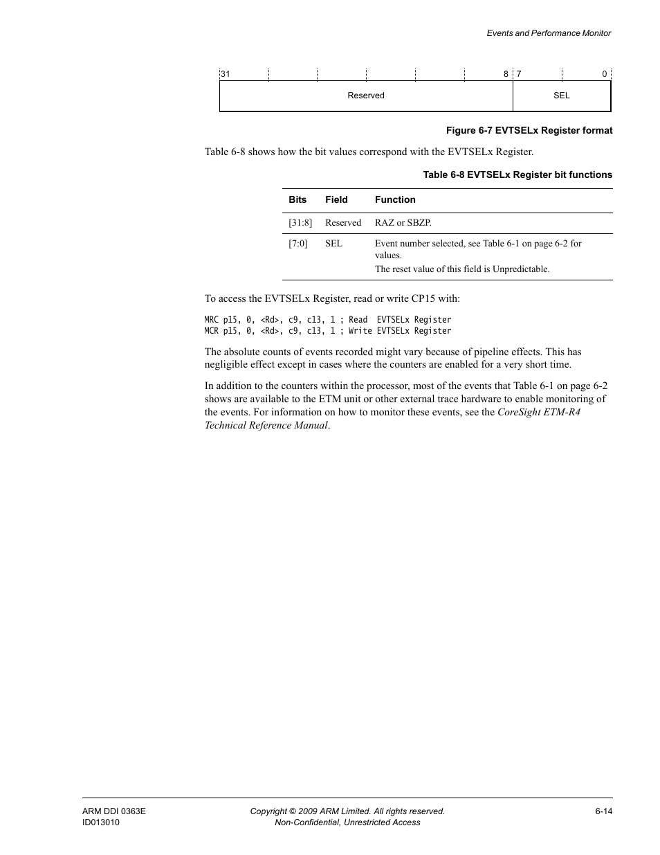 Table 6-8, Evtselx register bit functions -14, Figure 6-7 | Evtselx register format -14 | ARM Cortex R4F User Manual | Page 178 / 456