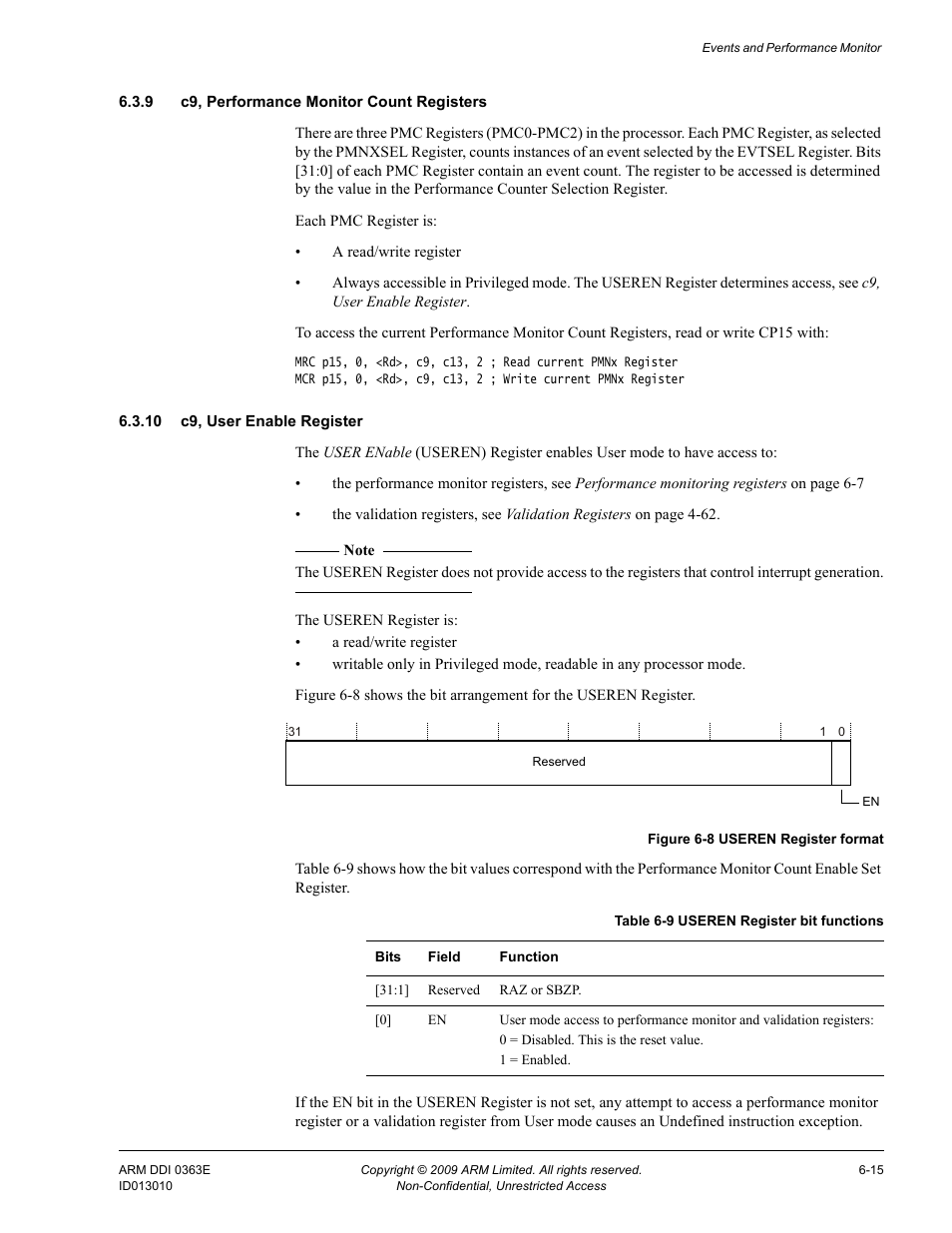 9 c9, performance monitor count registers, 10 c9, user enable register, Table 6-9 | Useren register bit functions -15, Figure 6-8, Useren register format -15 | ARM Cortex R4F User Manual | Page 179 / 456