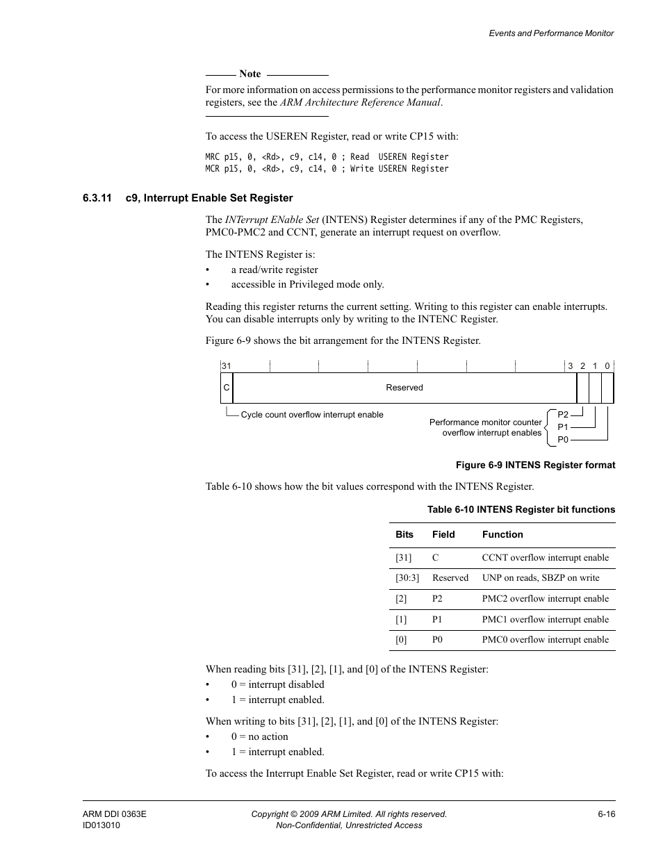 11 c9, interrupt enable set register, Table 6-10, Intens register bit functions -16 | Figure 6-9, Intens register format -16 | ARM Cortex R4F User Manual | Page 180 / 456
